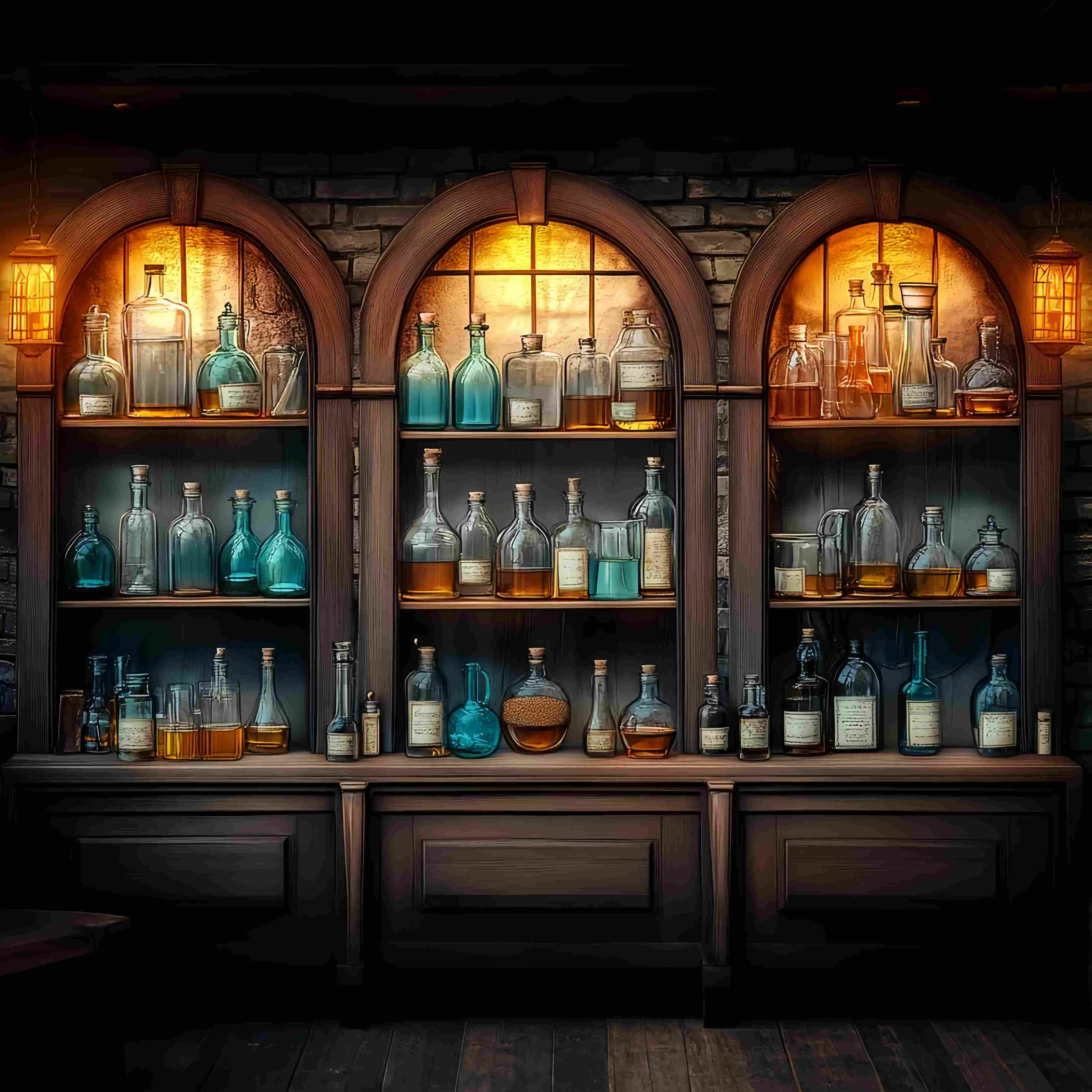 Chemistry Backdrop Vintage Wooden Cabinet Glass Bottles Back To School Backdrop LXX58-106