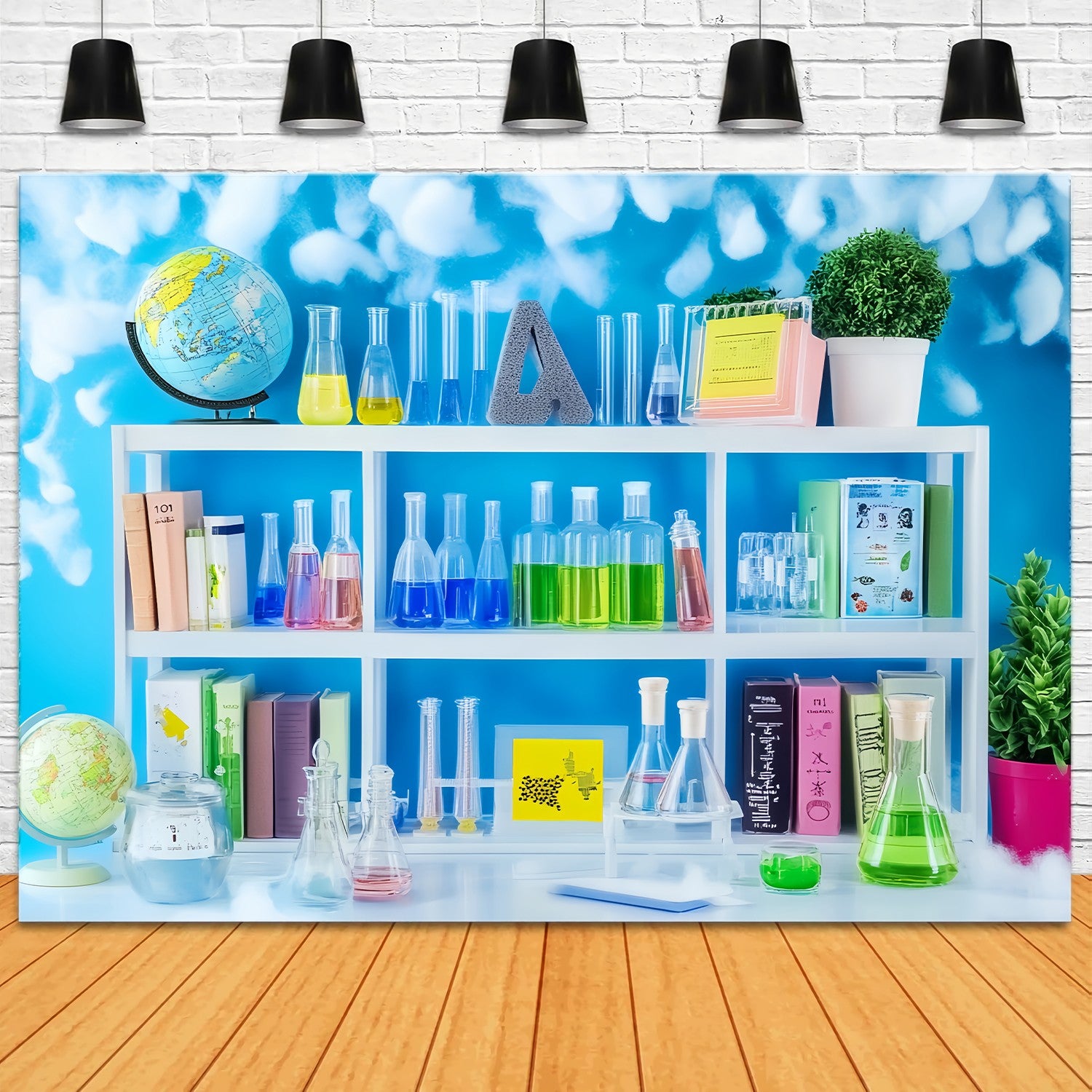 Chemistry Backdrop Colorful Chemistry Shelf Books Plants Back To School Photo Backdrop LXX58-109