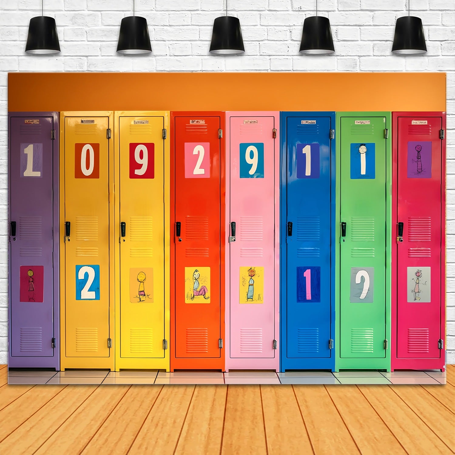 School Locker Backdrop Numbered Colorful Lockers Illustration Back To School Backdrop LXX58-111