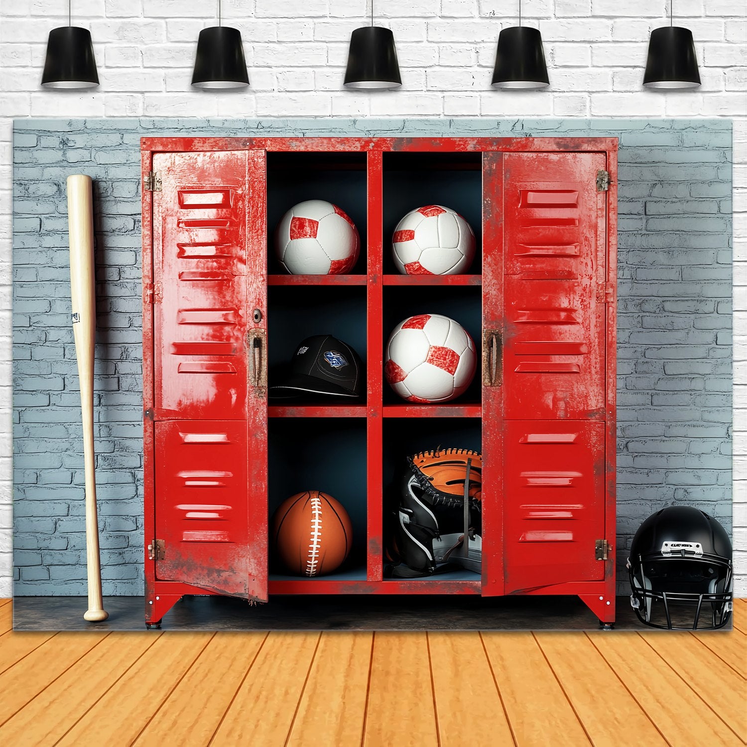 School Locker Backdrop Red Locker Filled Sports Equipment School Picture Backdrop LXX58-113