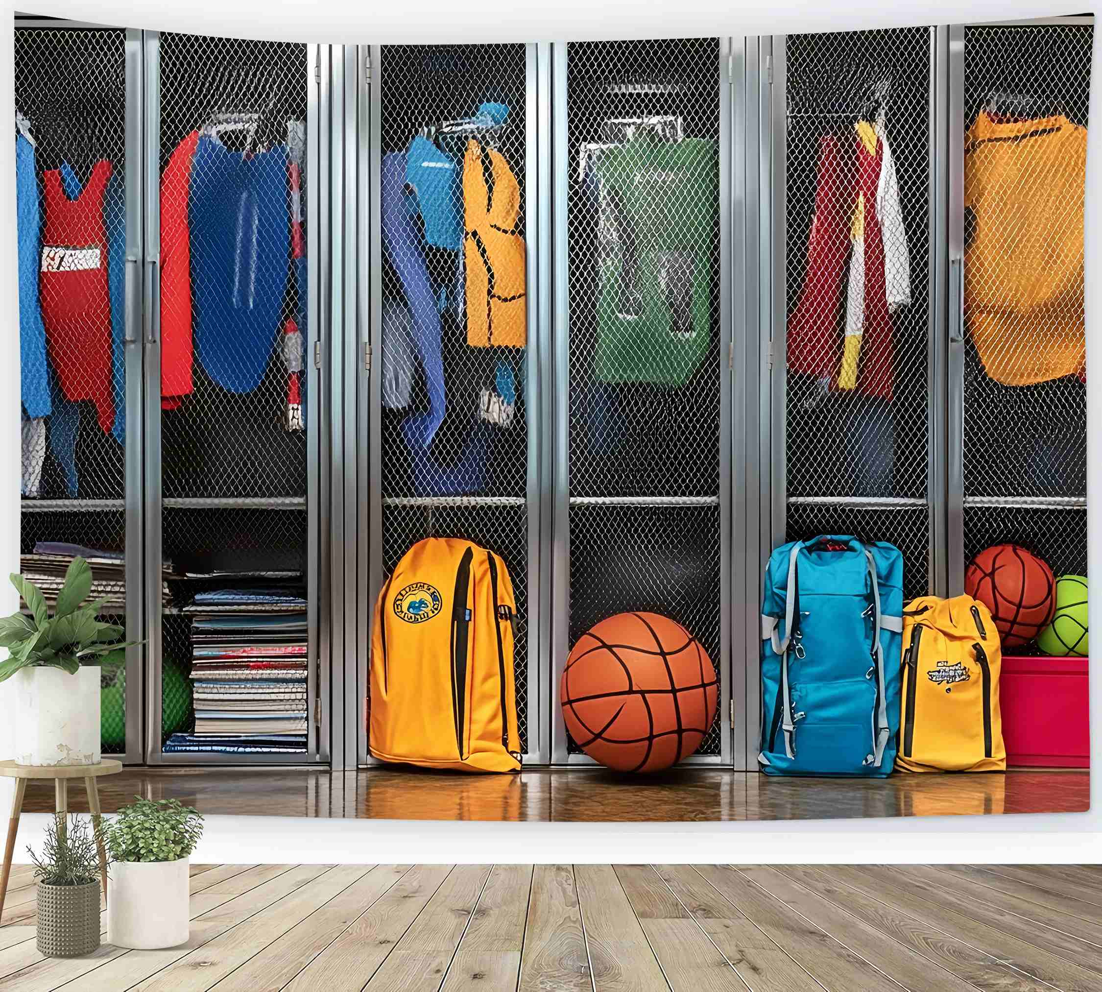 School Locker Backdrop Colorful Sports Lockers Backpacks Back To School Photo Backdrop LXX58-119