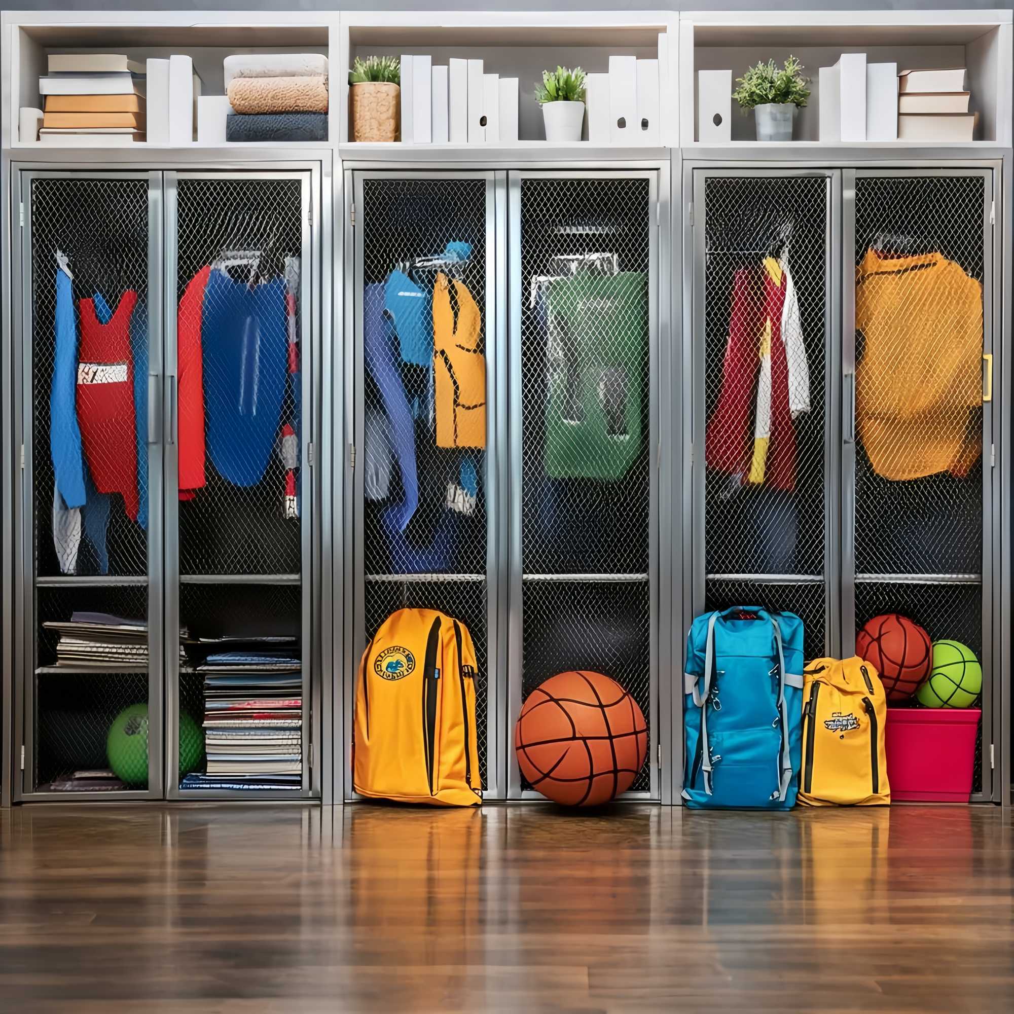 School Locker Backdrop Colorful Sports Lockers Backpacks Back To School Photo Backdrop LXX58-119