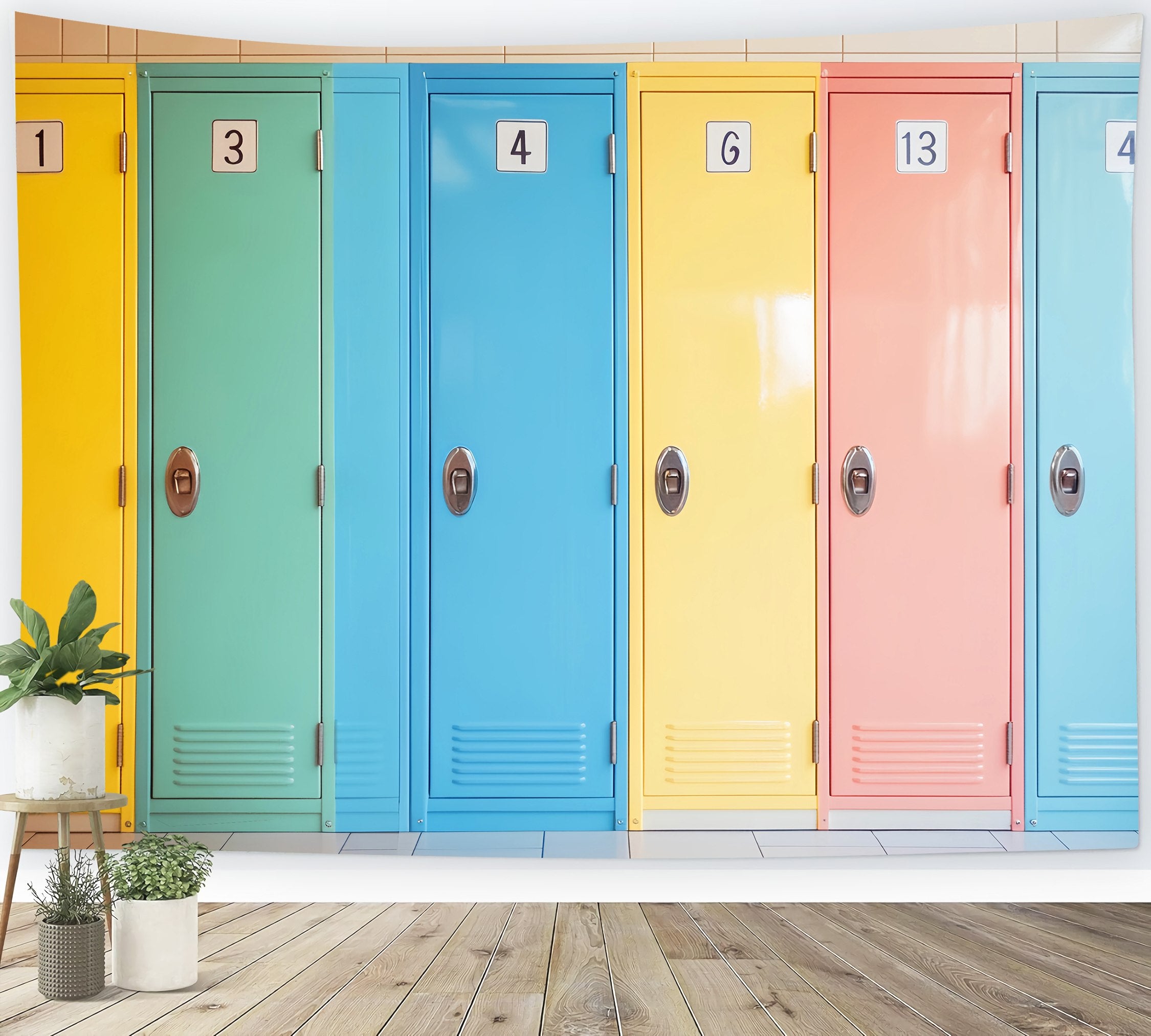 School Locker Backdrop Pastel Numbered School Lockers Row Back To School Photography Backdrops LXX58-120