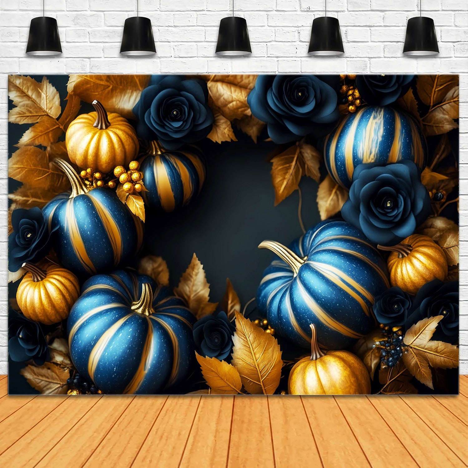 Fall Backdrop for Pictures Golden Navy Pumpkin Wreath Fine Art Backdrop LXX58-157