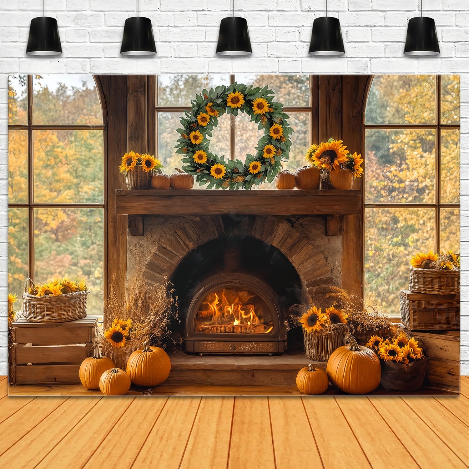 Fall Backdrop for Pictures Sunflower Pumpkin Hearth Glow Fireplace Backdrop LXX58-160
