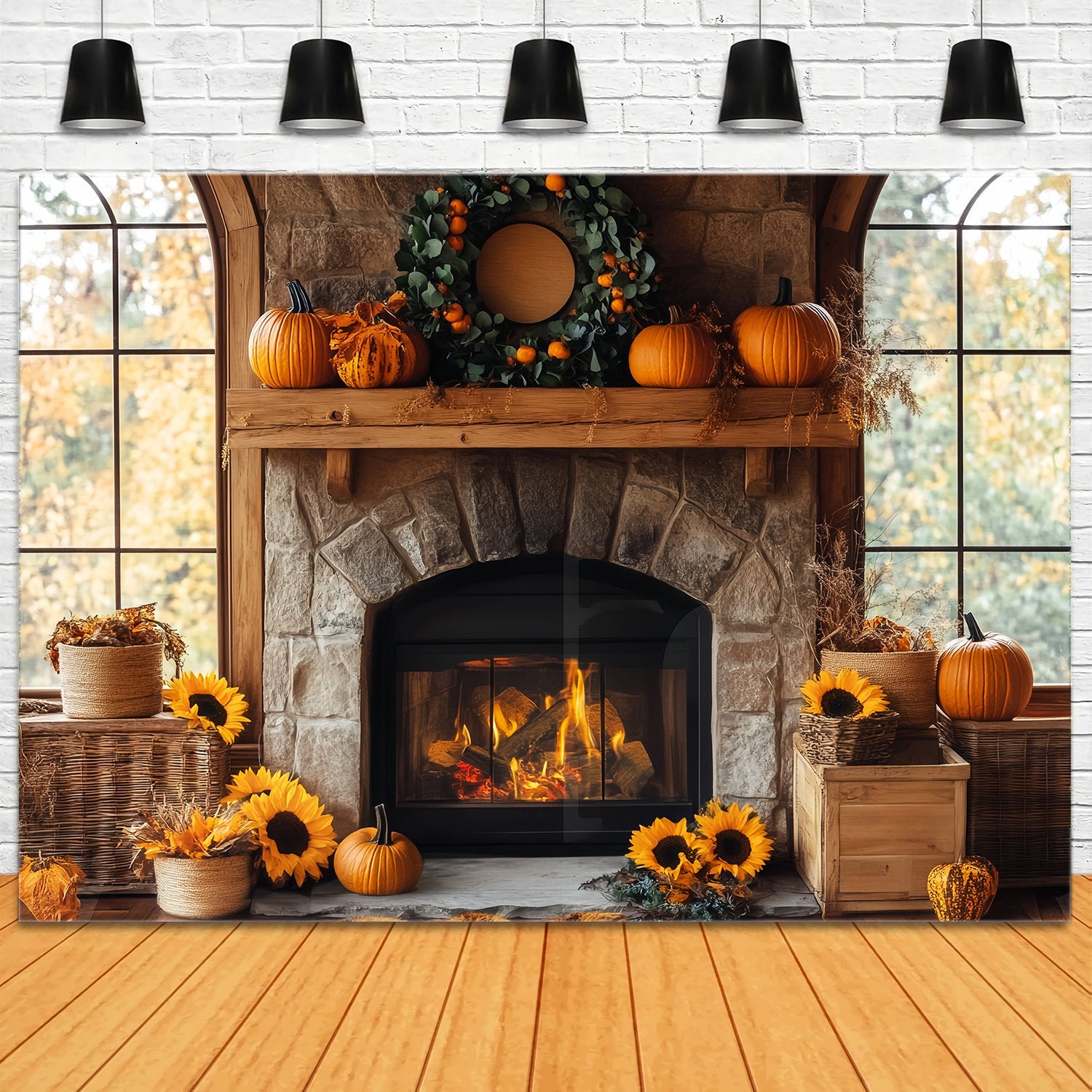 Fall Backdrop for Photos Rustic Fireplace Sunflower Charm Fireplace Backdrop LXX58-161