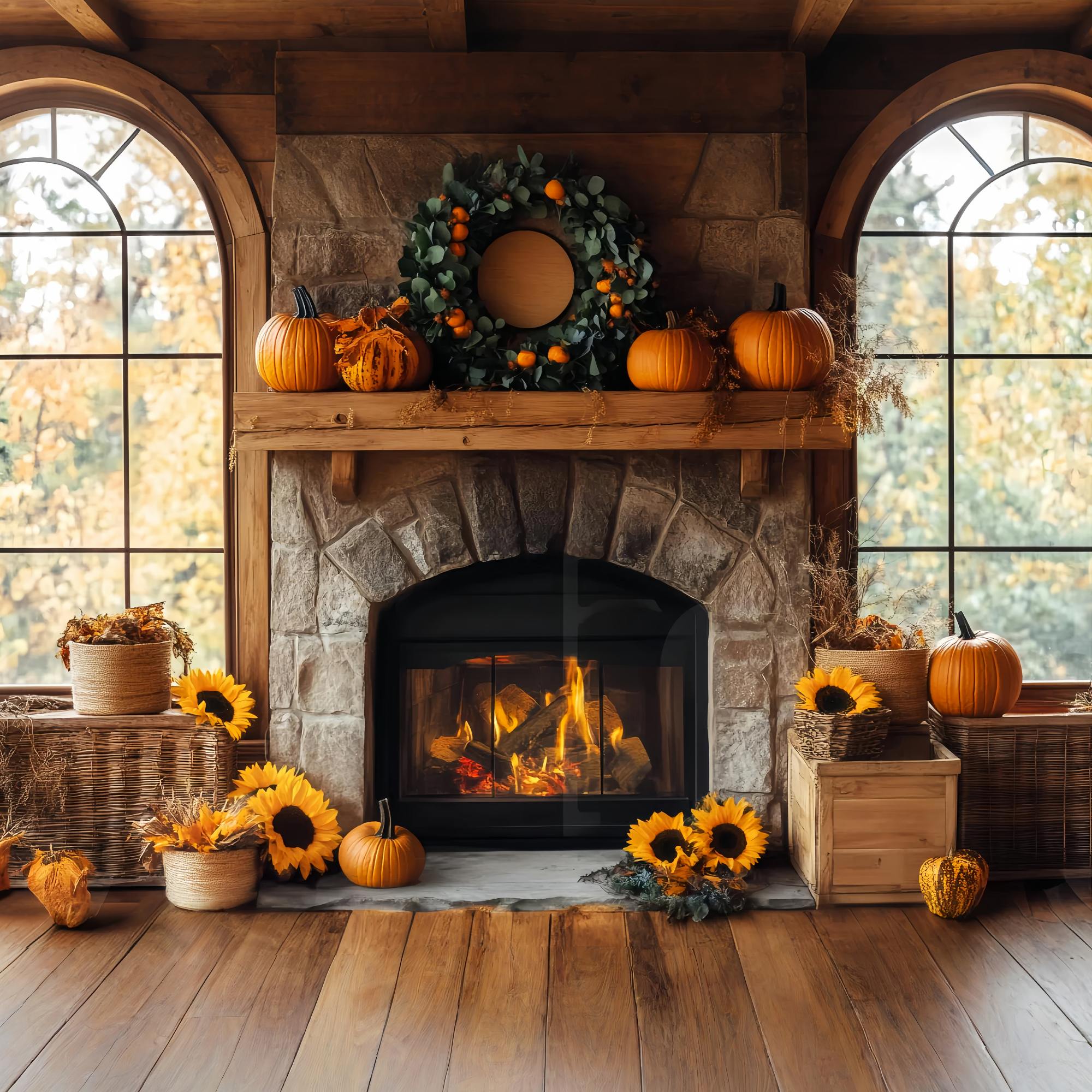 Fall Backdrop for Photos Rustic Fireplace Sunflower Charm Fireplace Backdrop LXX58-161