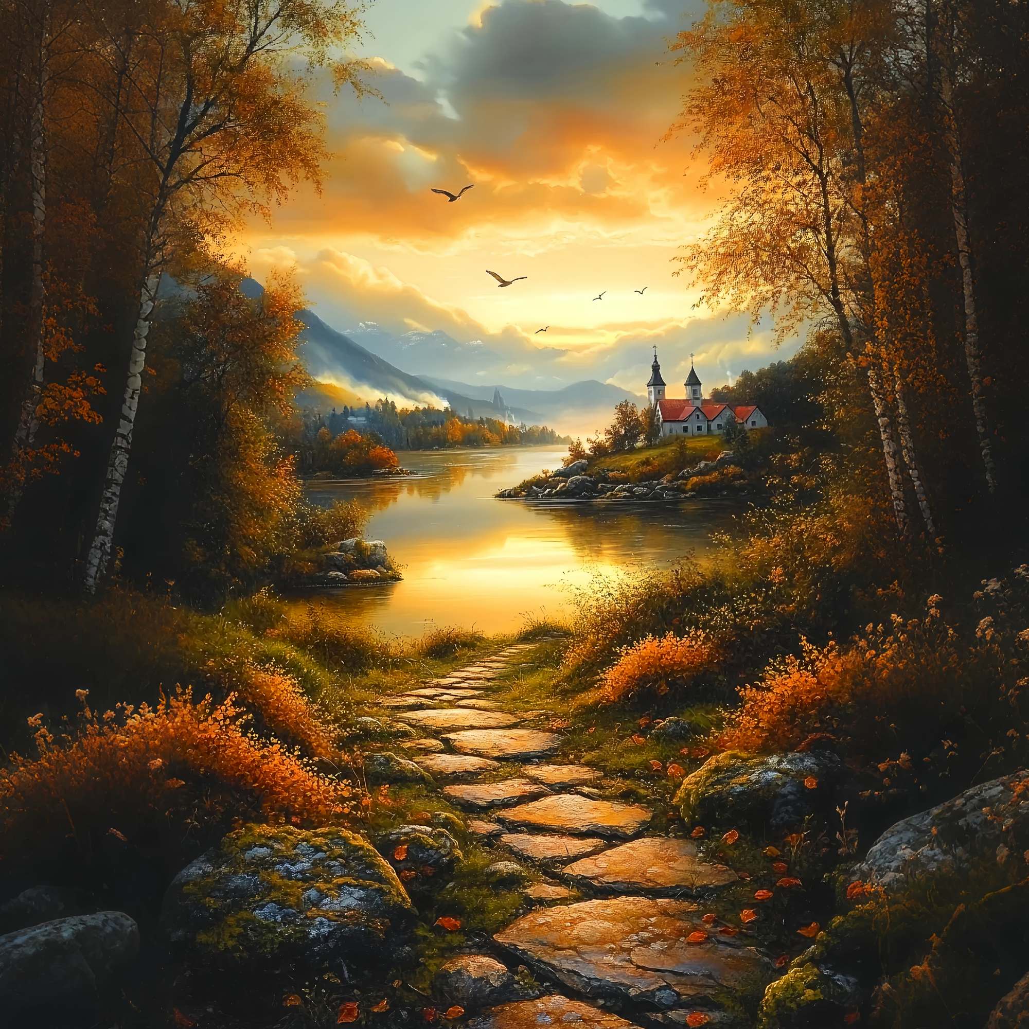 Fall Backdrop Autumn Pathway Lakeside Village Sunset Backdrop LXX58-165