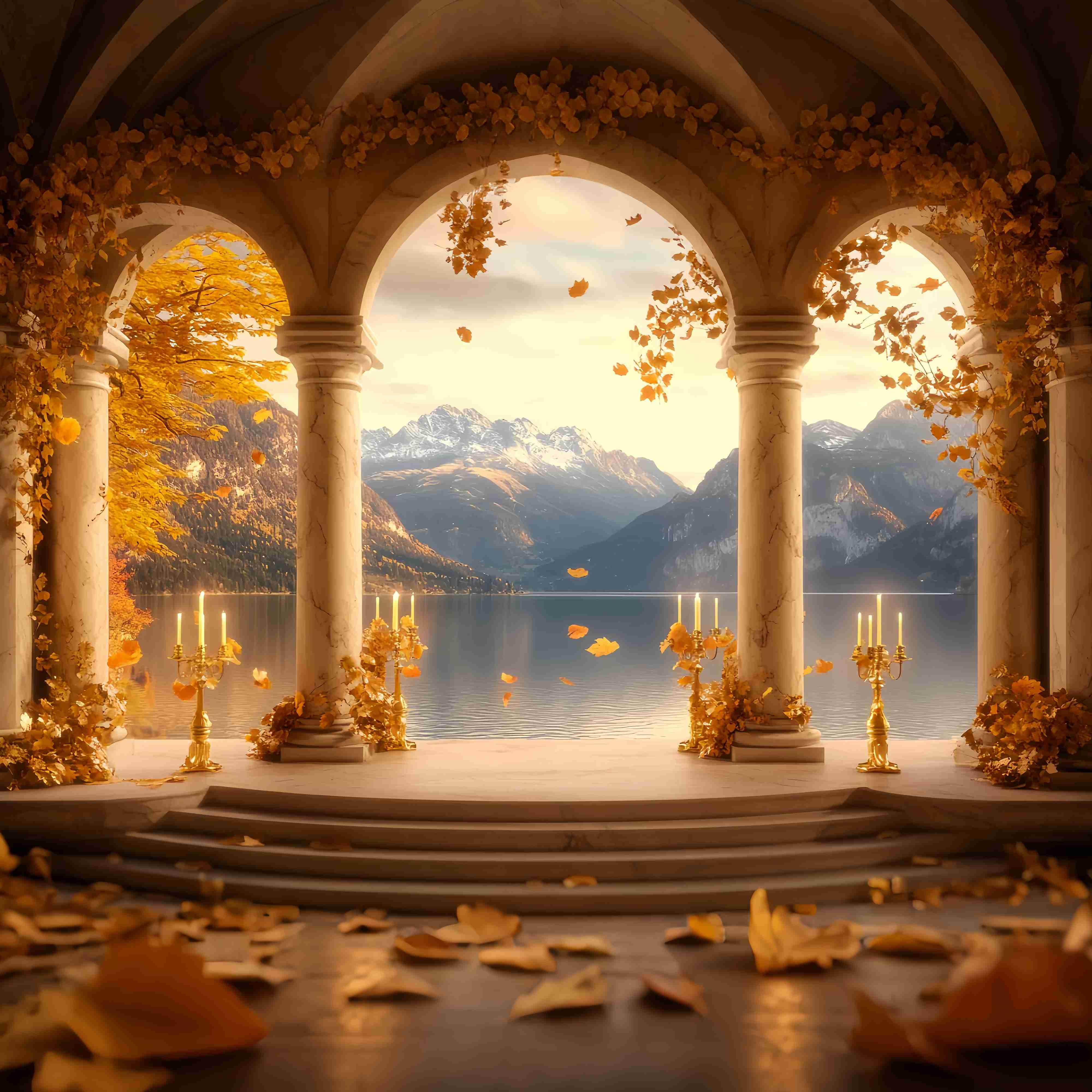 Fall Backdrop for Pictures Golden Arch Lake Mountains Vintage Backdrop LXX58-168