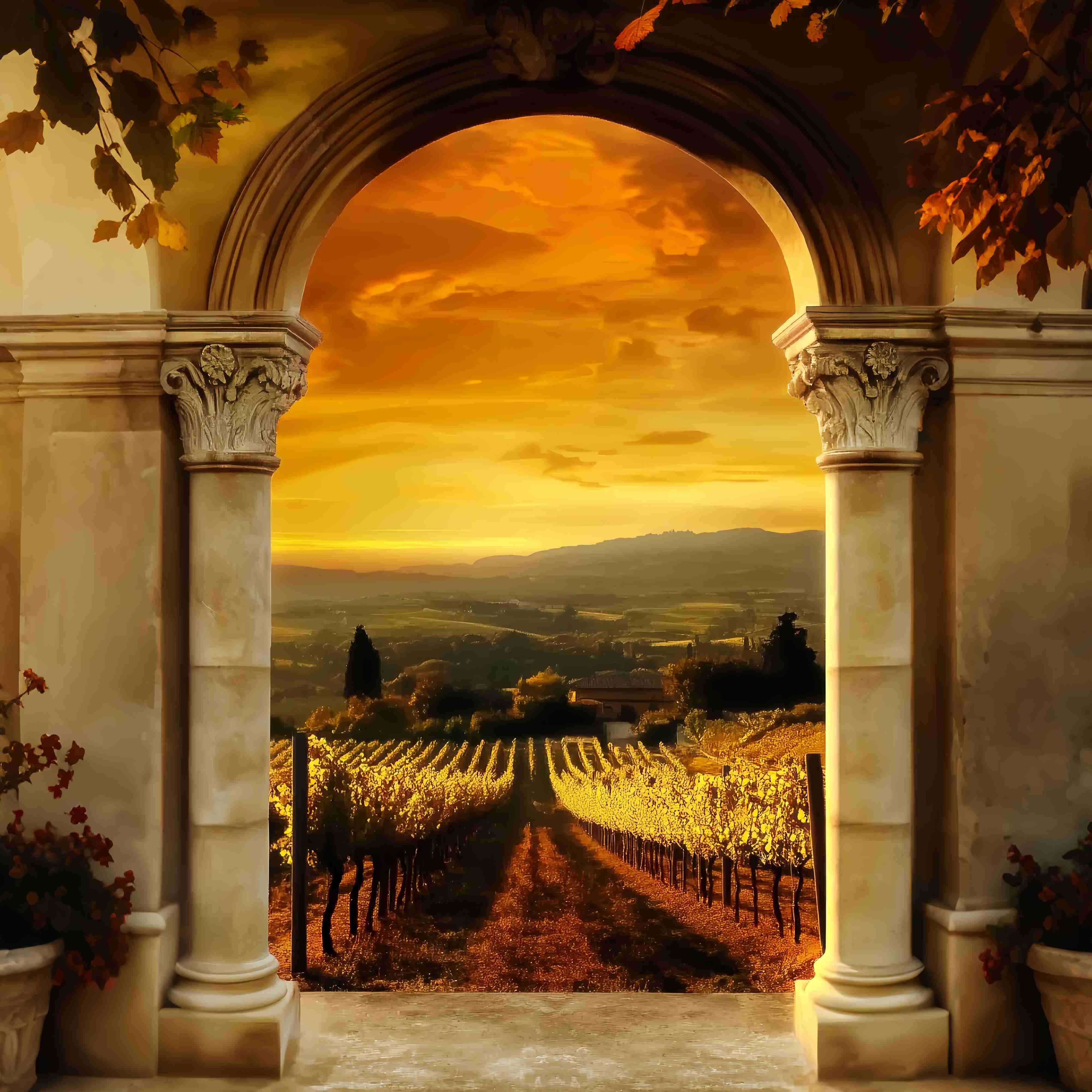 Fall Backdrop Golden Vineyard Archway View Vintage Backdrop LXX58-174