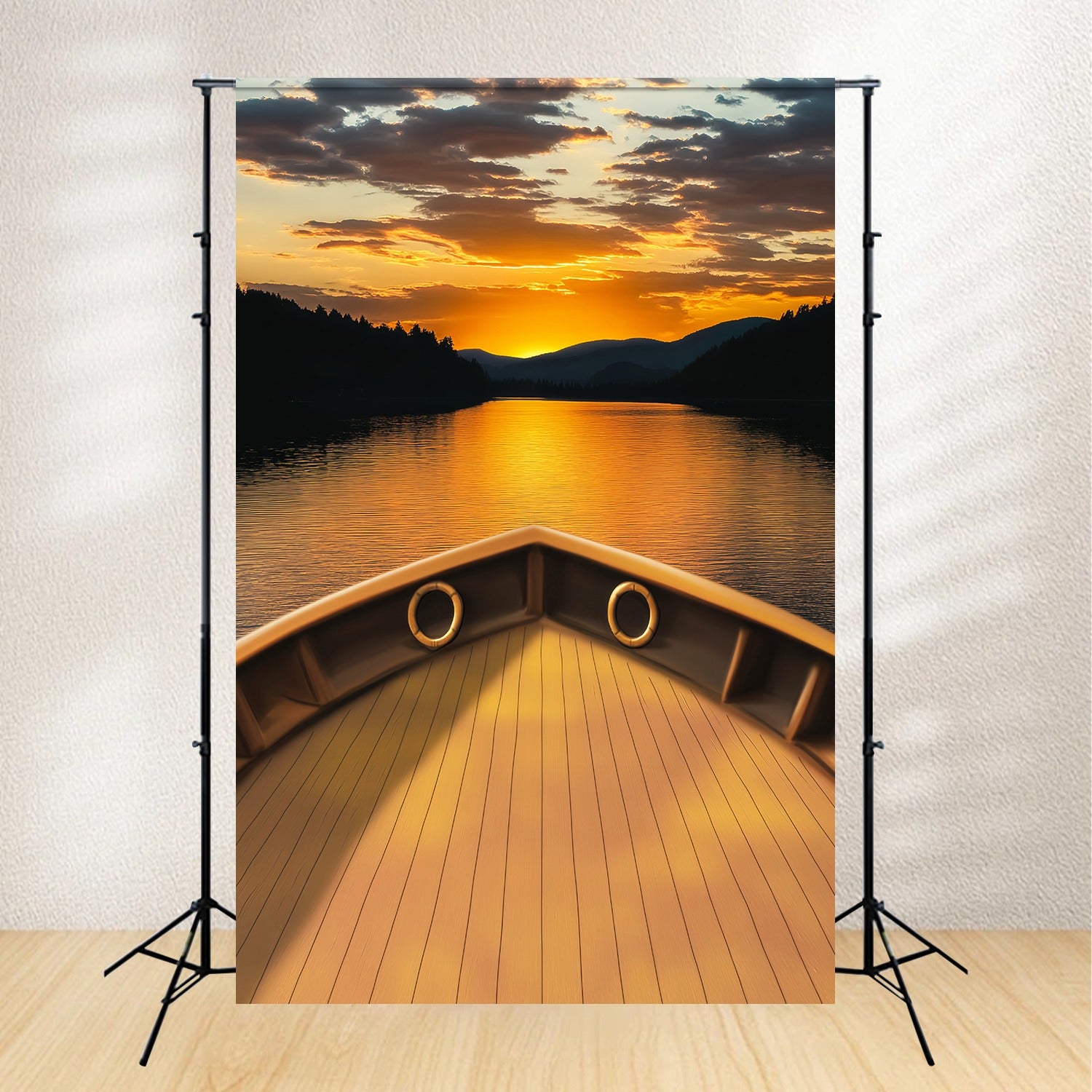 Fall Backdrops Golden Lake Horizon Boat Deck Sunset Backdrop LXX58-182