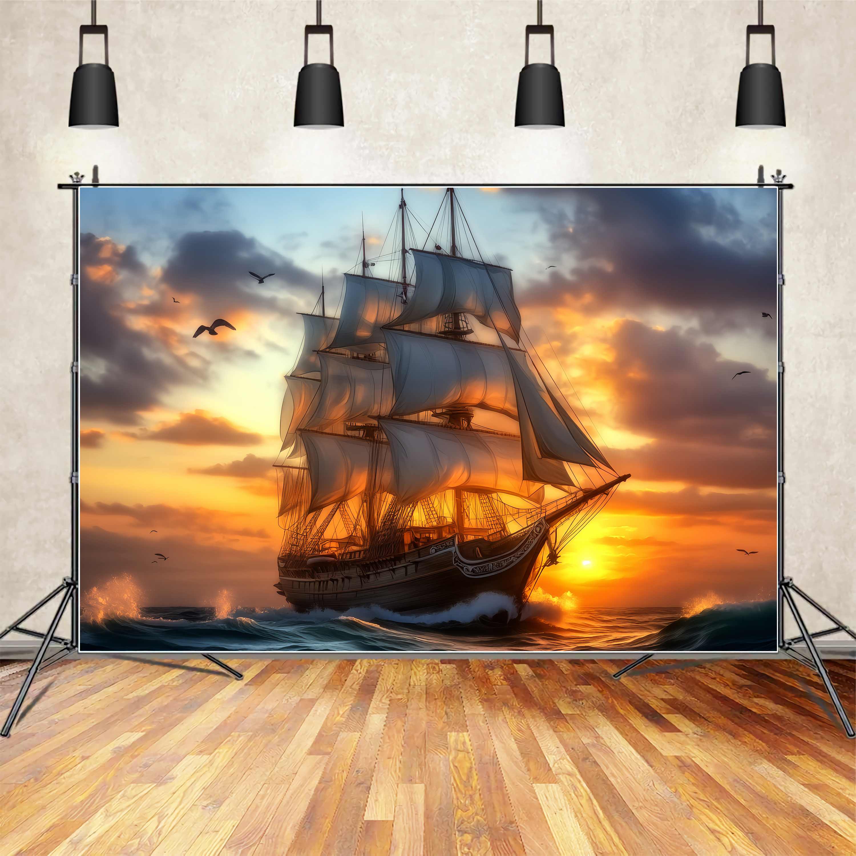Fall Backdrop for Pictures Majestic Tall Ship Sunset Voyage Sunset Backdrop LXX58-184