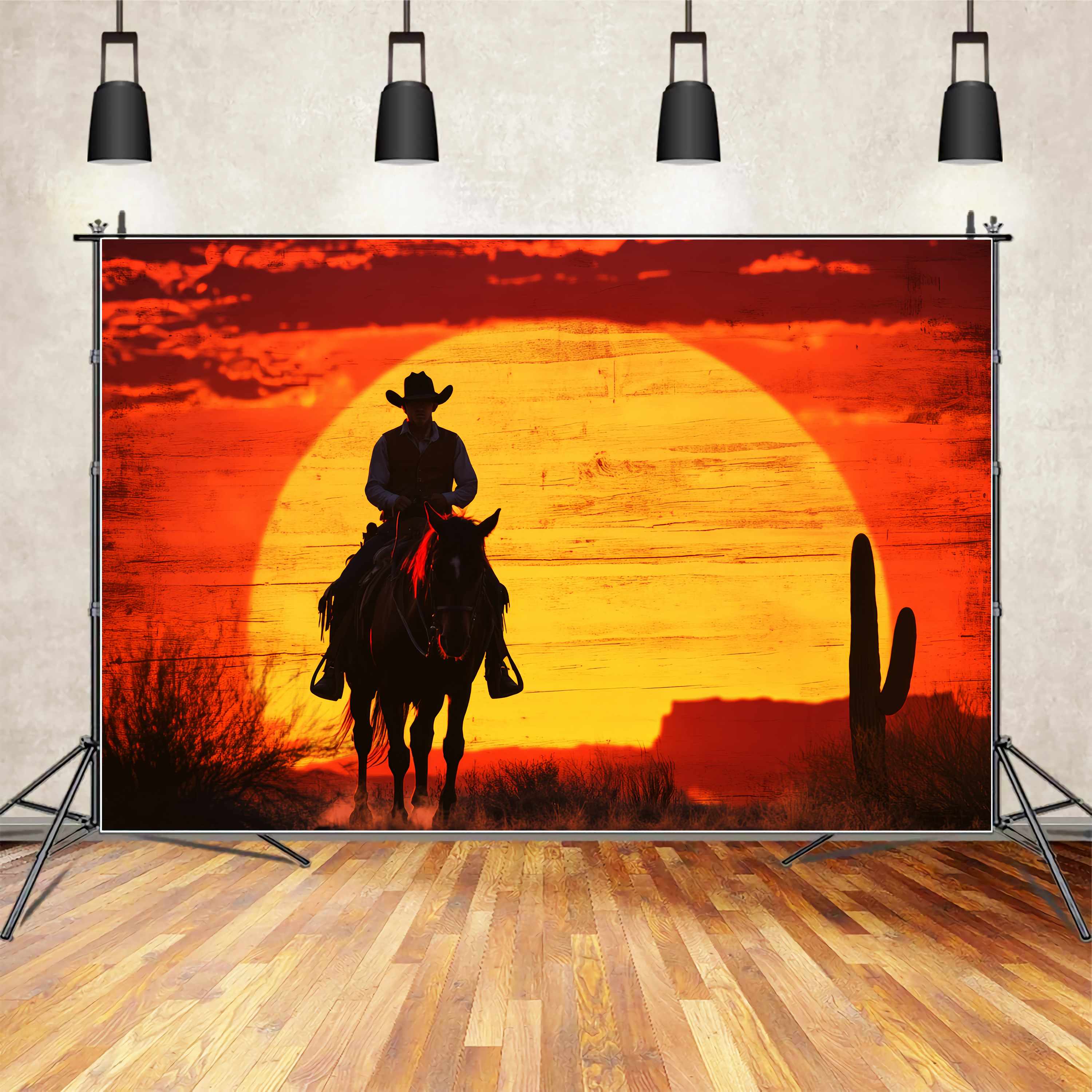 Fall Backdrop Cowboy Silhouette Fiery Sunset Cowboy Backdrop LXX58-186