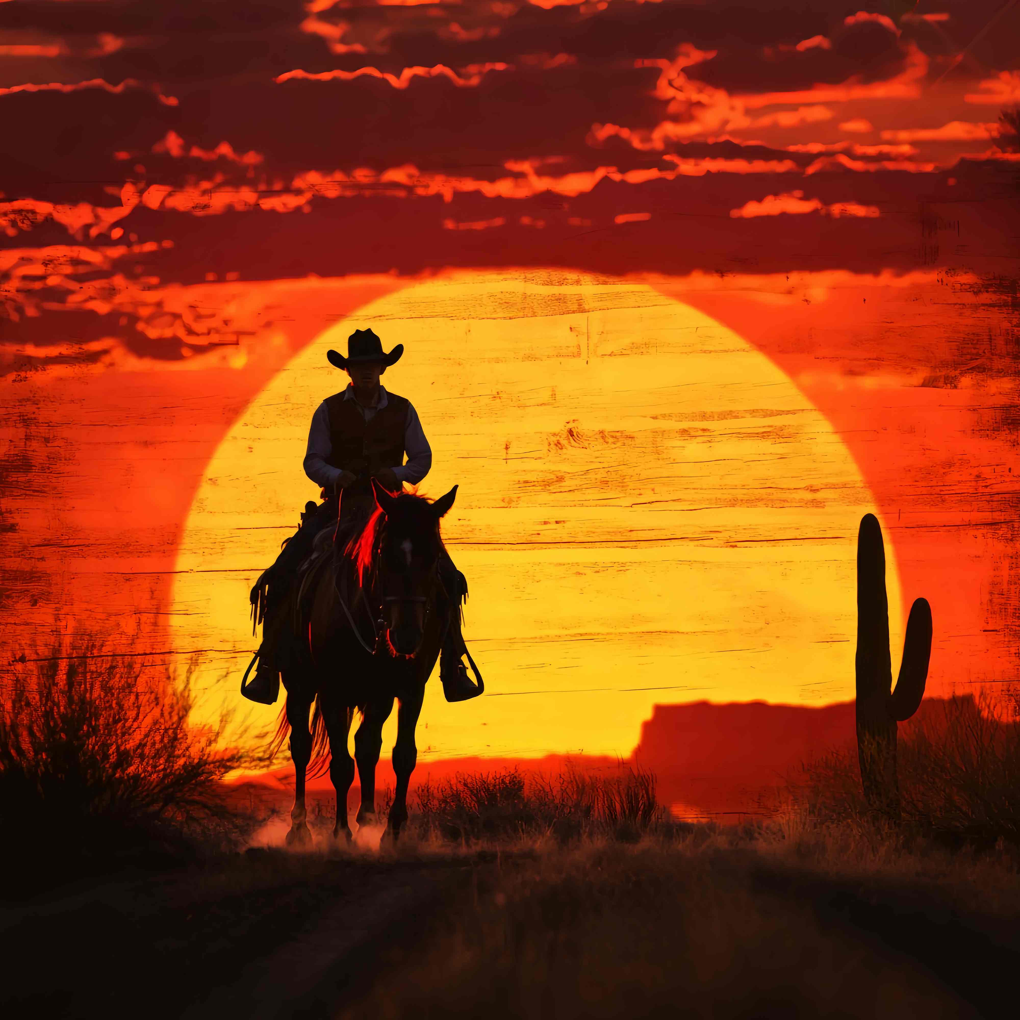 Fall Backdrop Cowboy Silhouette Fiery Sunset Cowboy Backdrop LXX58-186