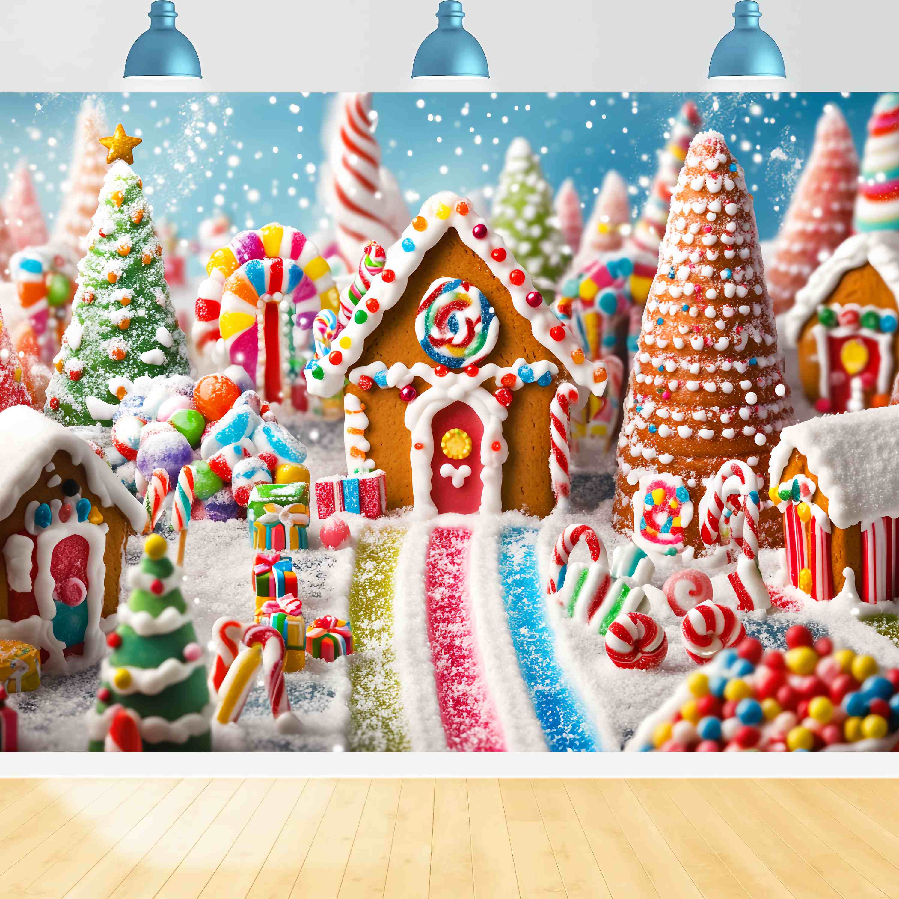 Candyland Christmas Backdrop Candyland Gingerbread Village Scene Christmas Backdrop ideas LXX58-90