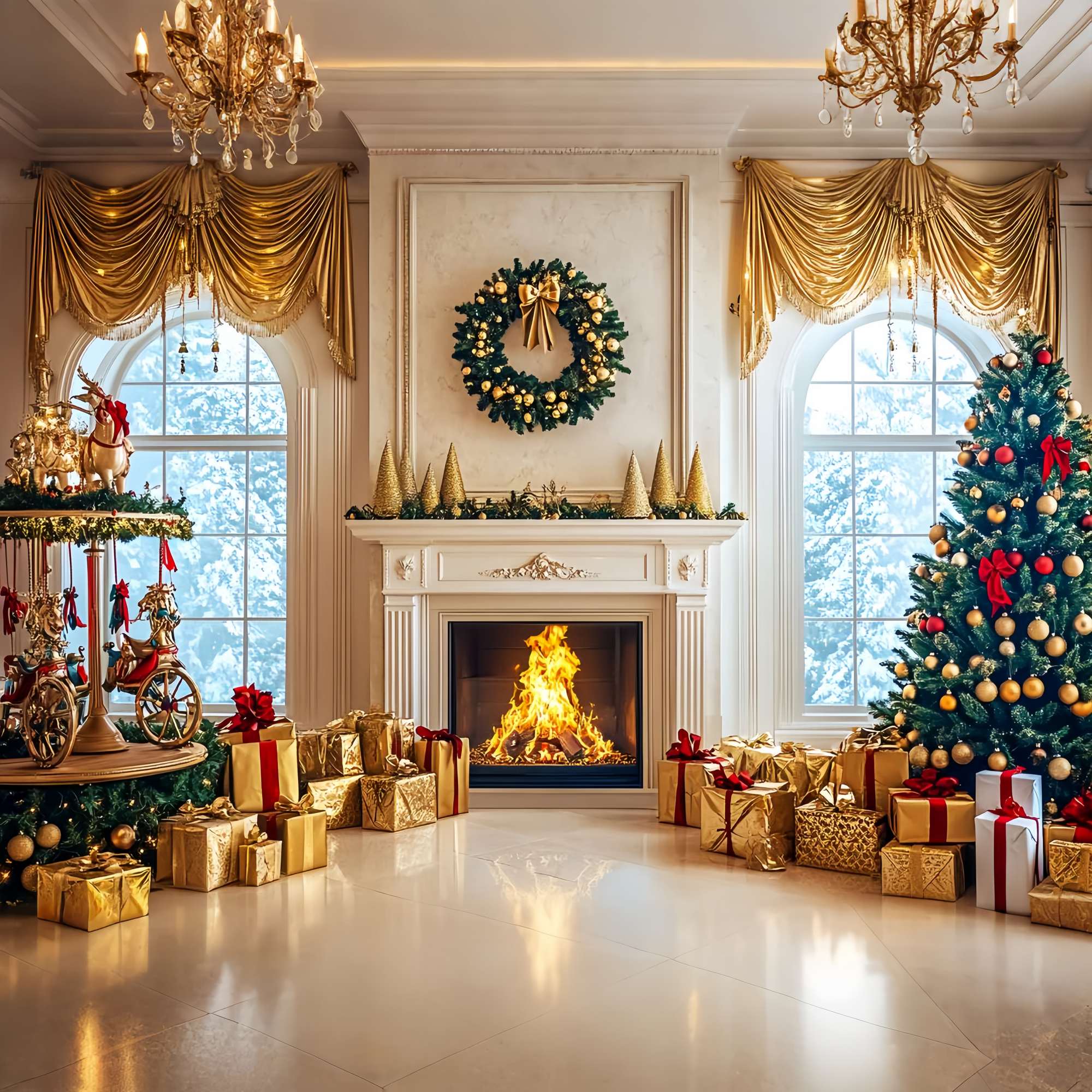 Christmas Fireplace Backdrop Golden Luxe Carousel Fireplace High Resolution Christmas Backdrop LXX58-98