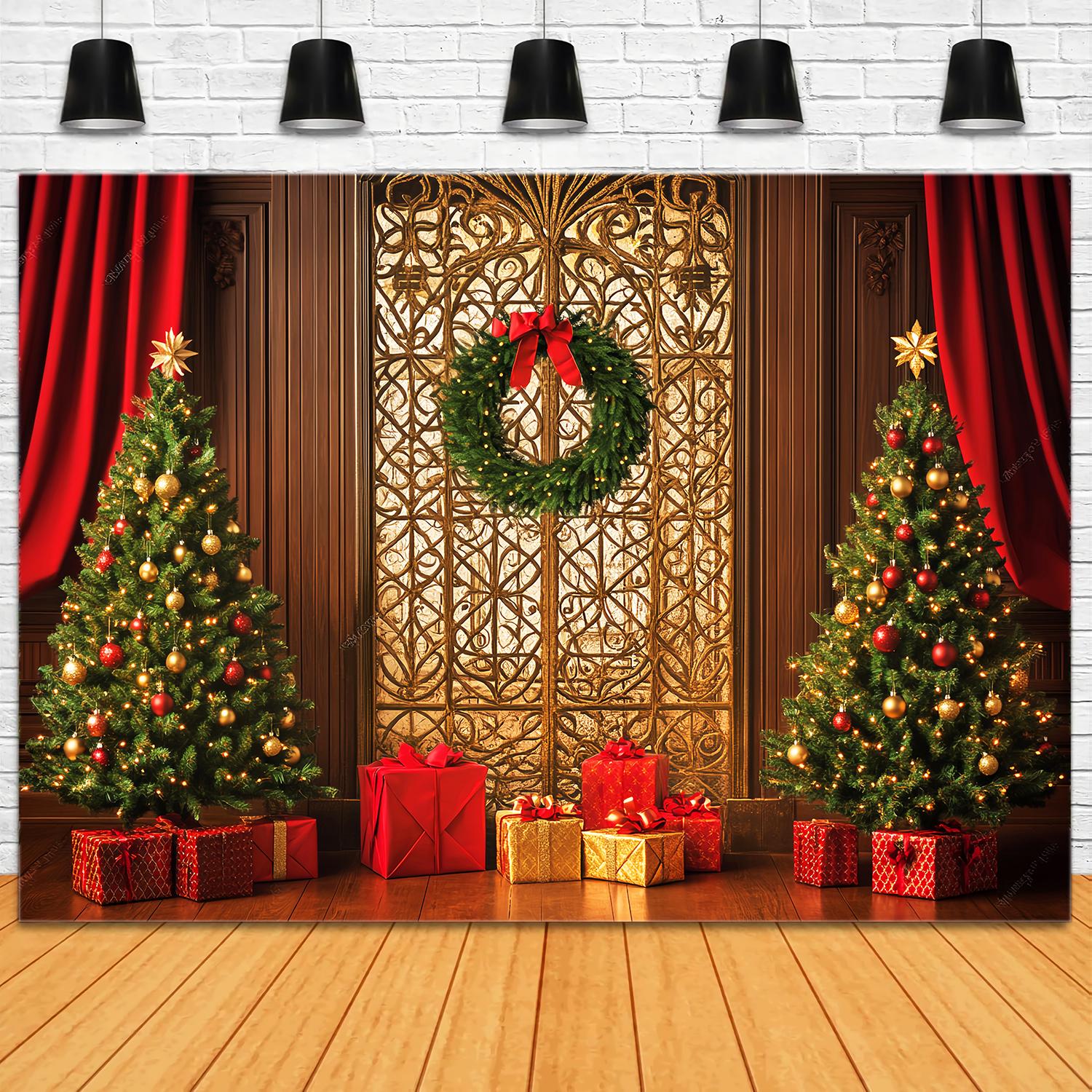 High Resolution Christmas Backdrop Golden Gate Wreath Gift Tree Christmas Backdrop LXX58-99