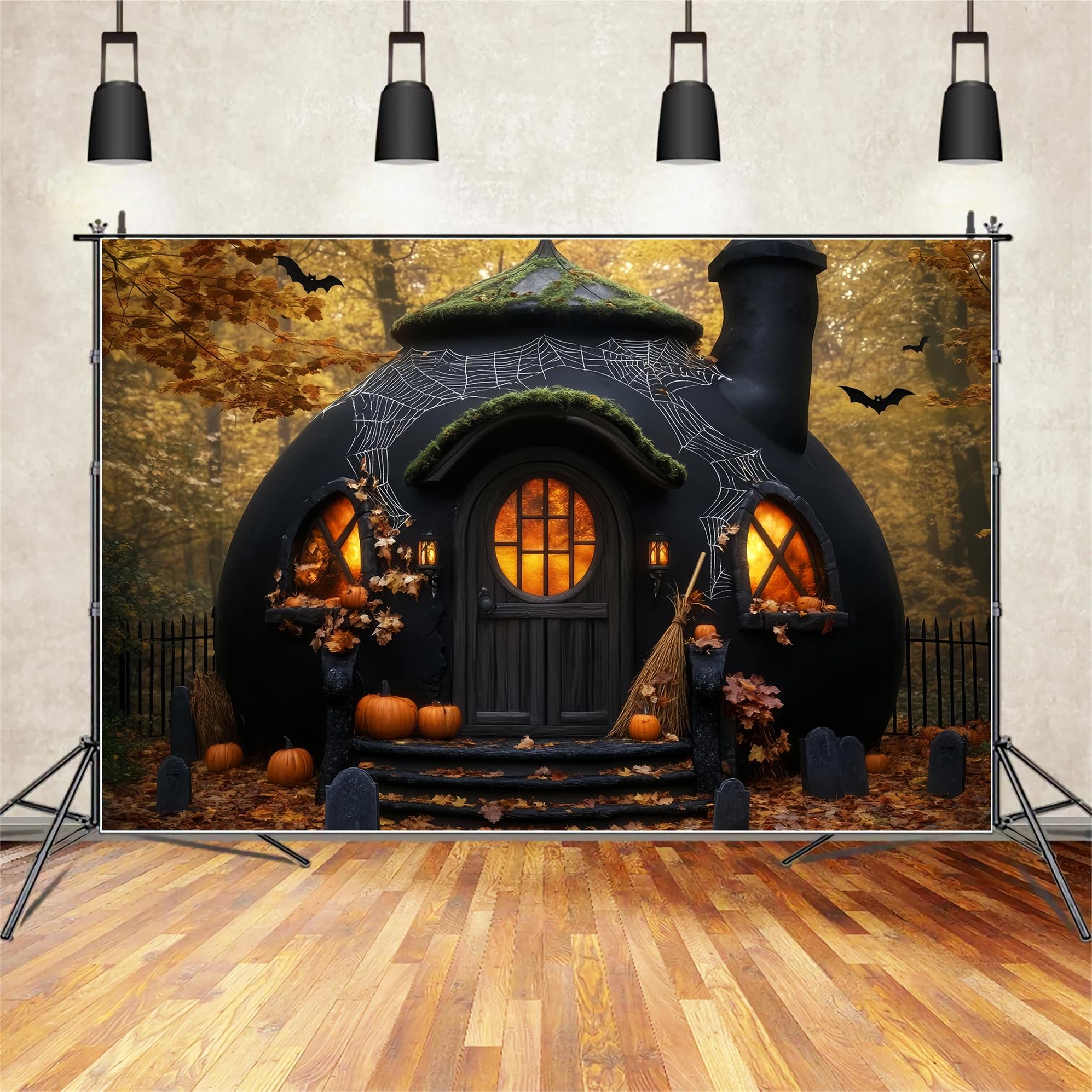 Horror Backdrop Spooky Pumpkin Witch Hut Halloween Photo Booth Backdrop LXX59-100