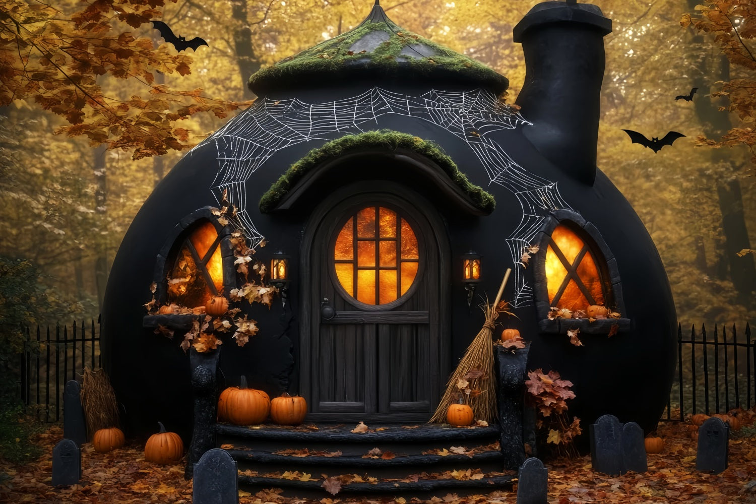 Horror Backdrop Spooky Pumpkin Witch Hut Halloween Photo Booth Backdrop LXX59-100
