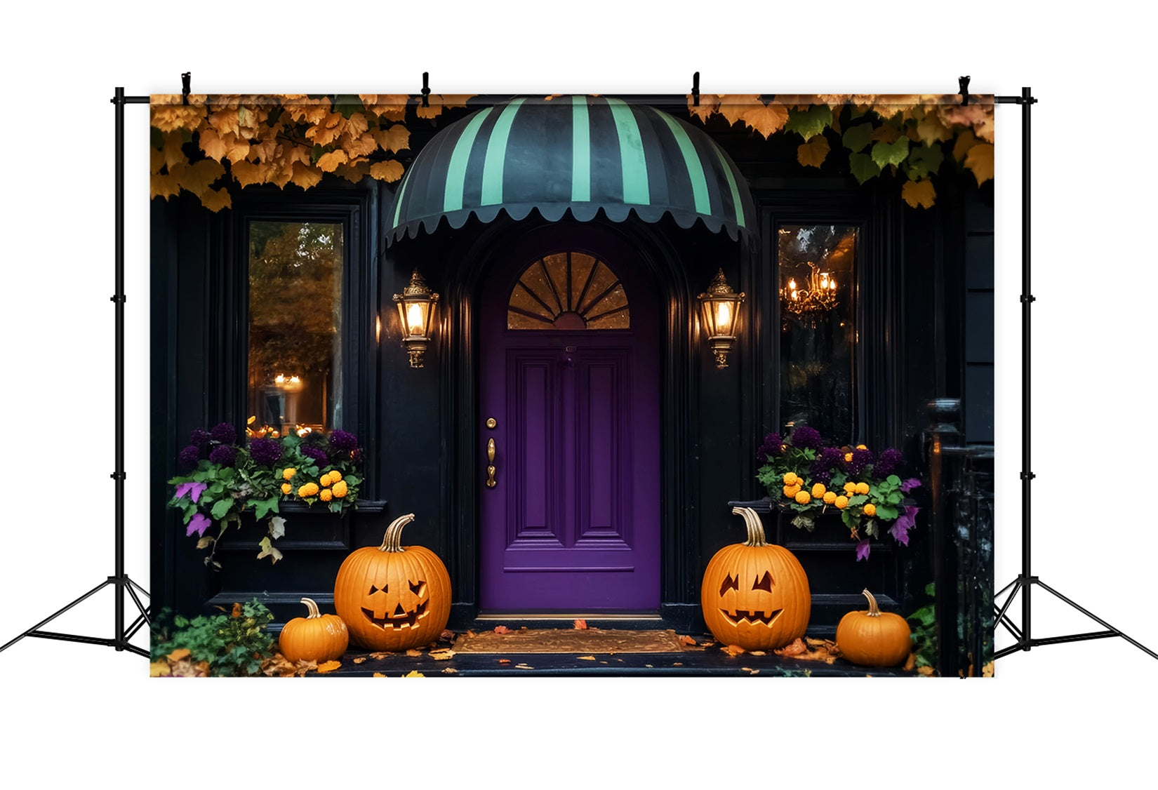 Color Backdrop Purple Door Pumpkin Lanterns Halloween Photo Backdrop Ideas LXX59-102