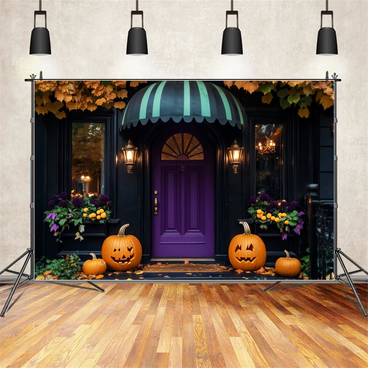 Color Backdrop Purple Door Pumpkin Lanterns Halloween Photo Backdrop Ideas LXX59-102