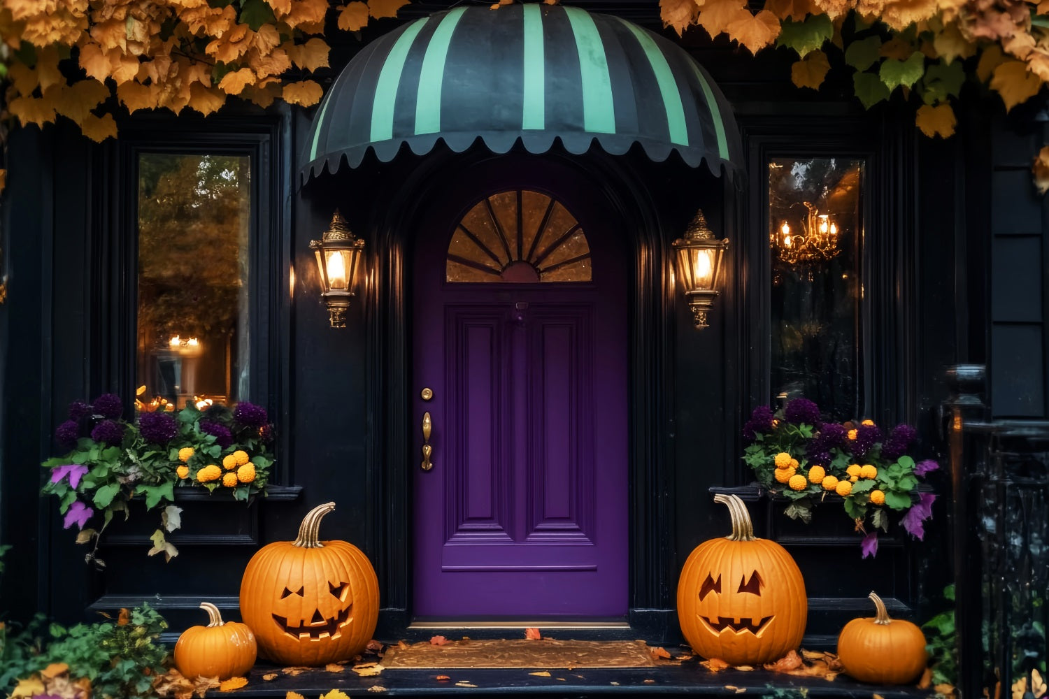Color Backdrop Purple Door Pumpkin Lanterns Halloween Photo Backdrop Ideas LXX59-102