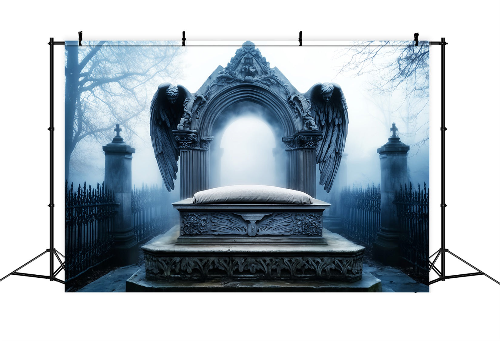 Graveyard Backdrop Angel Tombstone Graveyard Fog Halloween Picture Backdrop LXX59-103