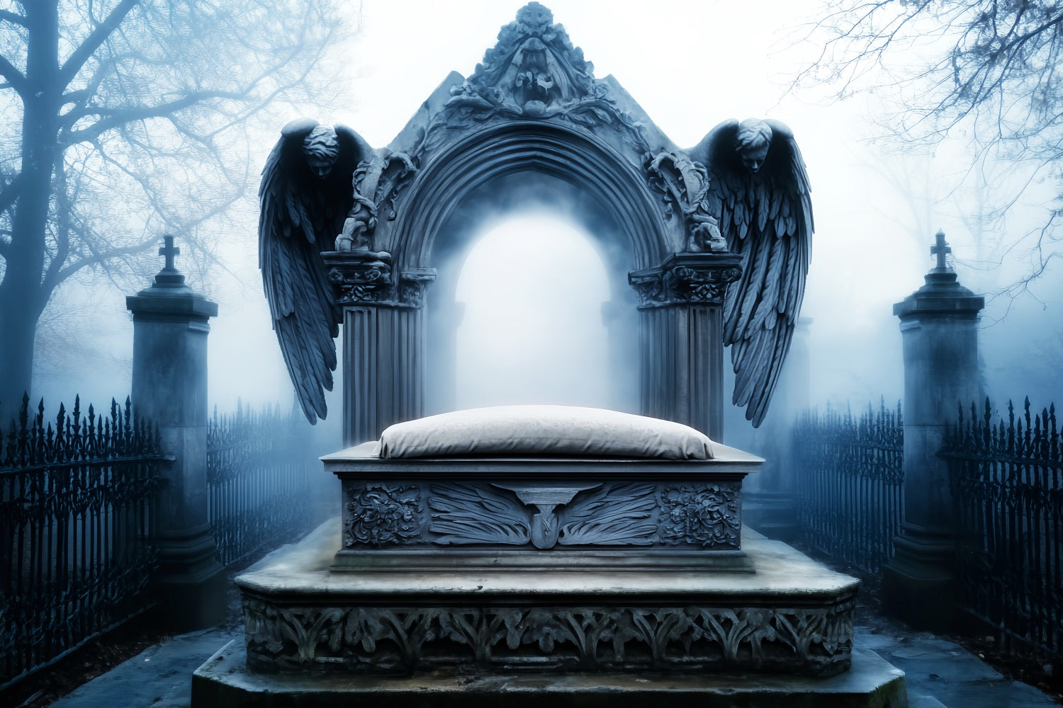 Graveyard Backdrop Angel Tombstone Graveyard Fog Halloween Picture Backdrop LXX59-103
