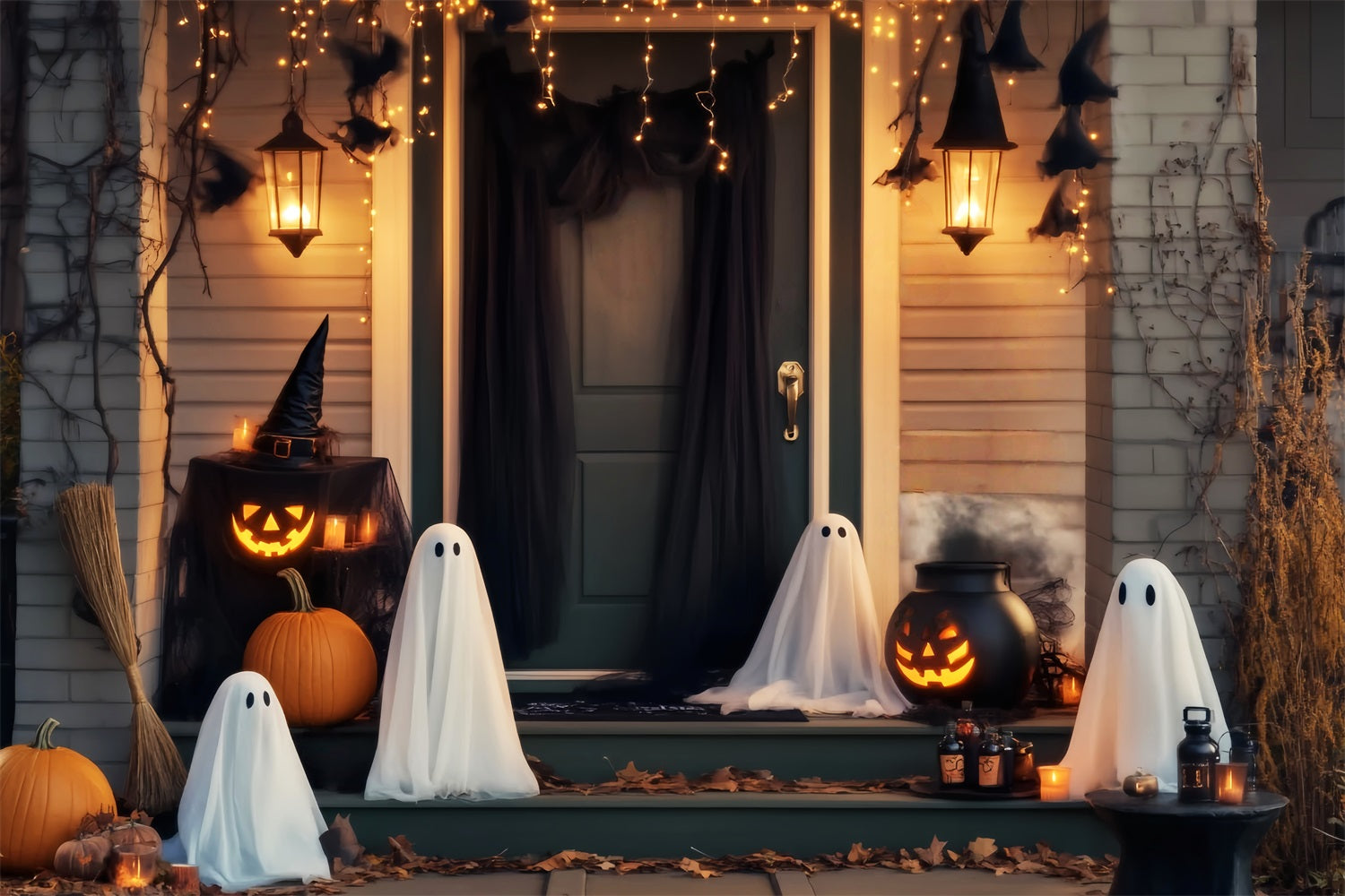 Ghost Backdrop Ghost Lantern Porch Gathering Halloween Photography Backdrops LXX59-104