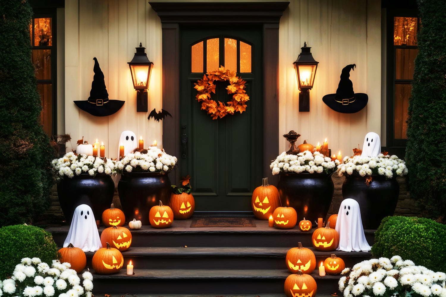 Halloween Ghost Backdrop Pumpkin Ghost Flower Entrance Halloween Backdrop LXX59-105