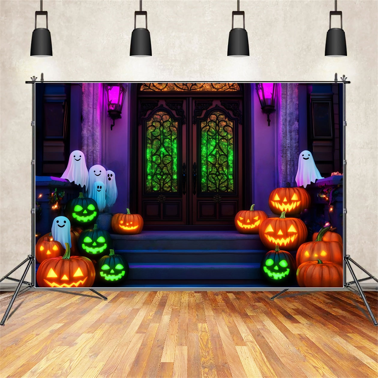 Halloween Ghost Backdrop Neon Ghost Pumpkin Stairway Halloween Backdrops LXX59-106