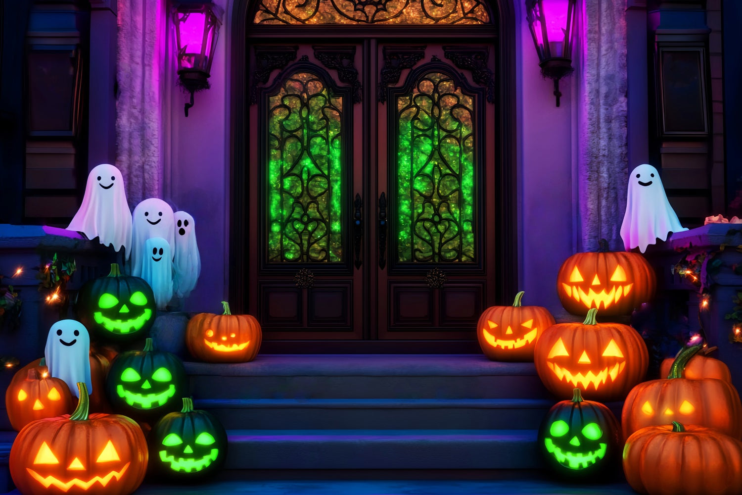 Halloween Ghost Backdrop Neon Ghost Pumpkin Stairway Halloween Backdrops LXX59-106