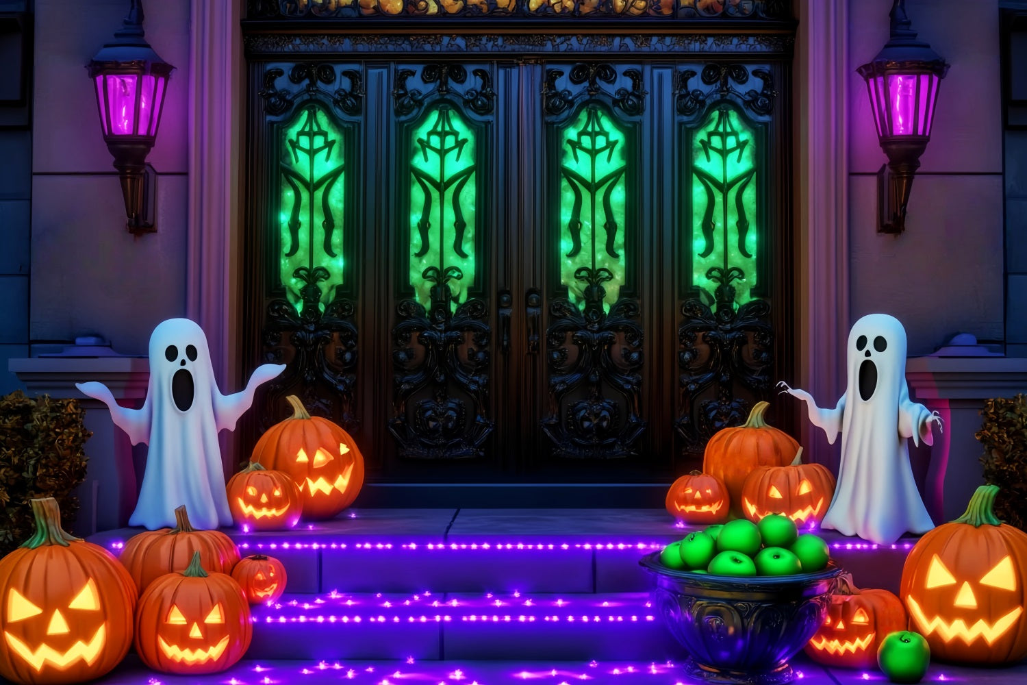 Ghost Backdrop Glowing Ghost Pumpkin Pathway Halloween Photo Backdrop LXX59-107