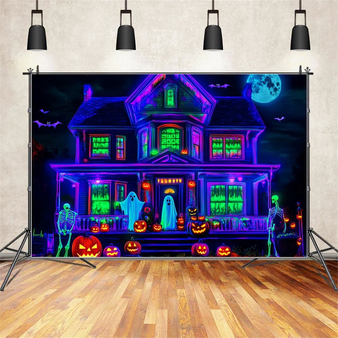 Halloween Ghost Backdrop Neon Haunted House Glow Scary Halloween Backdrop LXX59-108