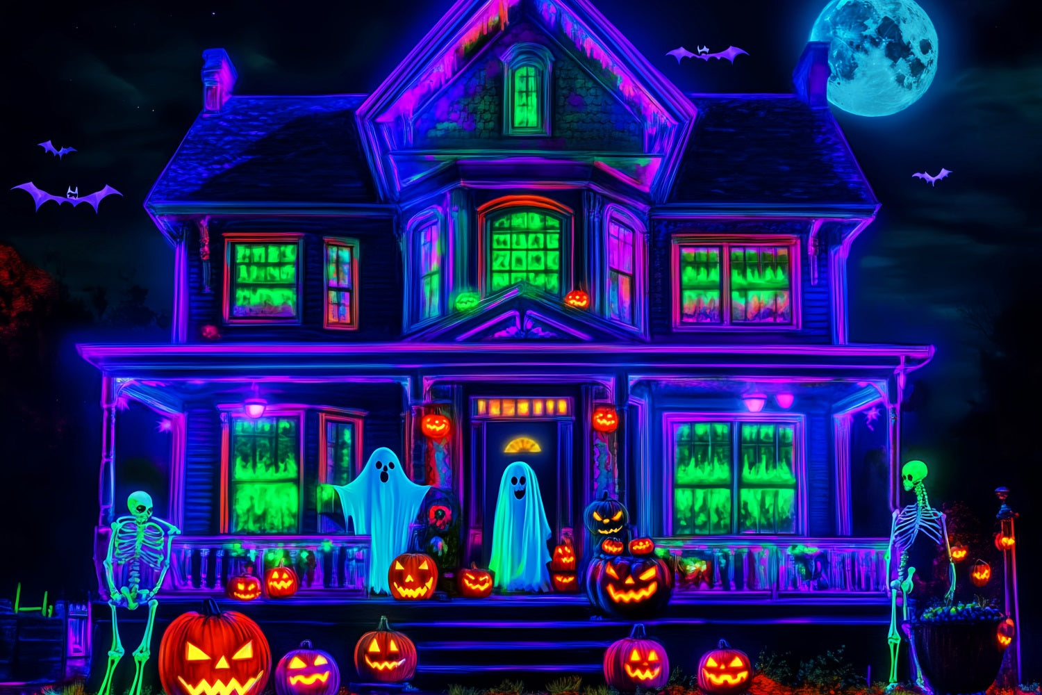 Halloween Ghost Backdrop Neon Haunted House Glow Scary Halloween Backdrop LXX59-108