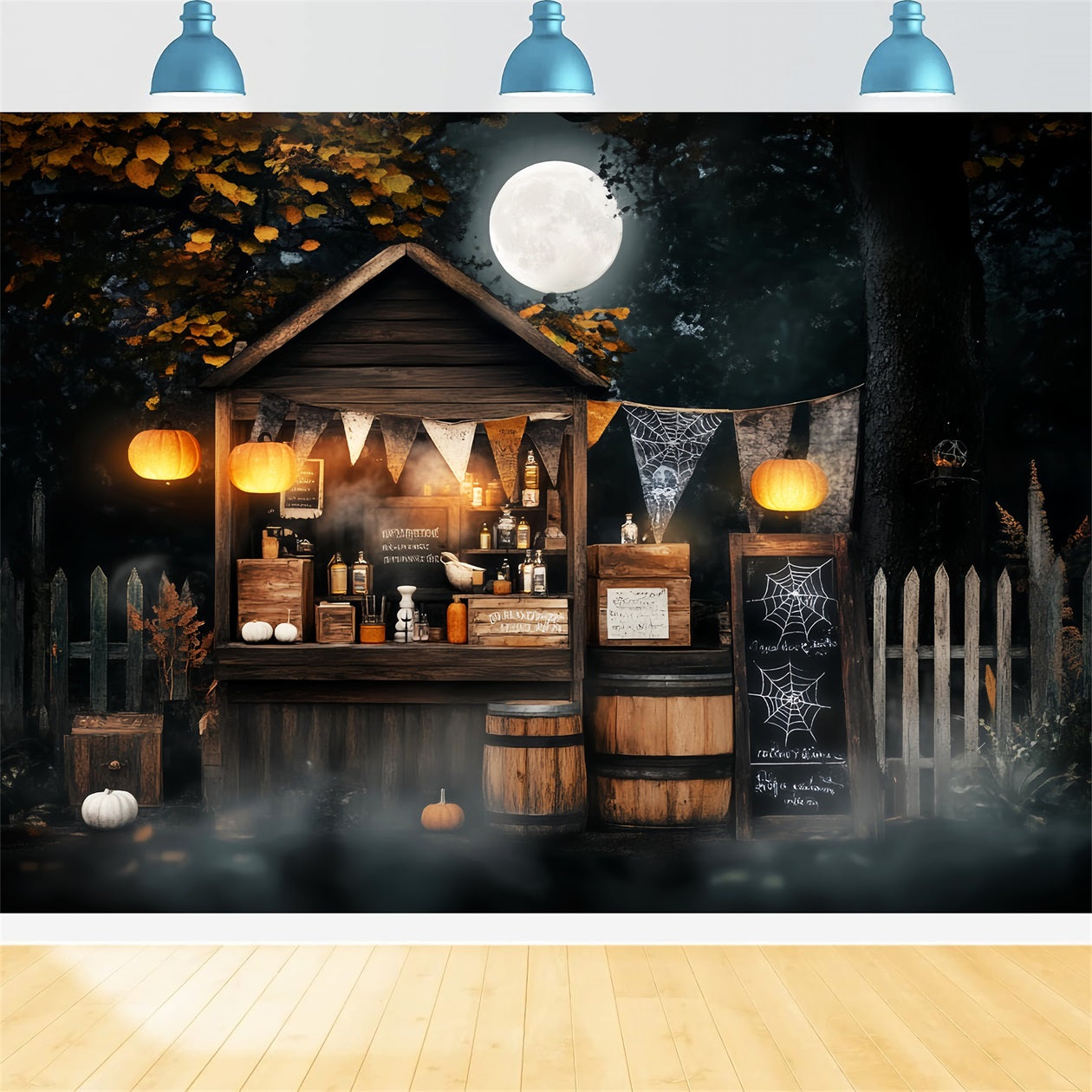 Haunted Forest Backdrop Moonlit Potion Stand Pumpkins Halloween Backdrop LXX59-111