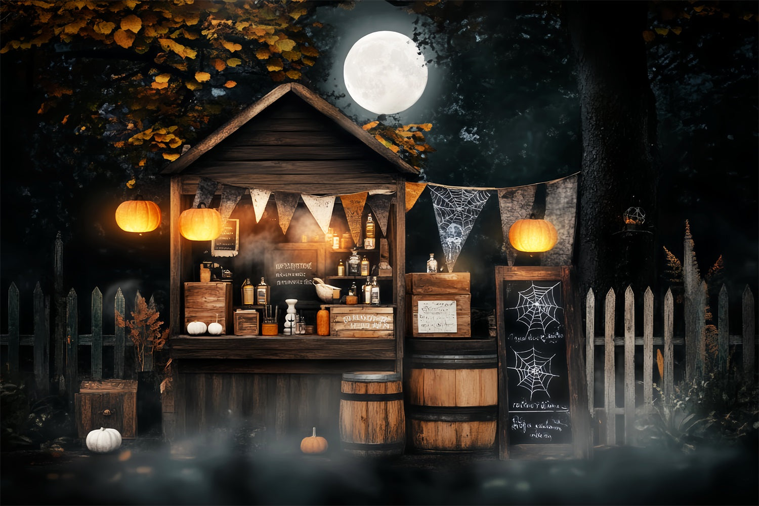 Haunted Forest Backdrop Moonlit Potion Stand Pumpkins Halloween Backdrop LXX59-111