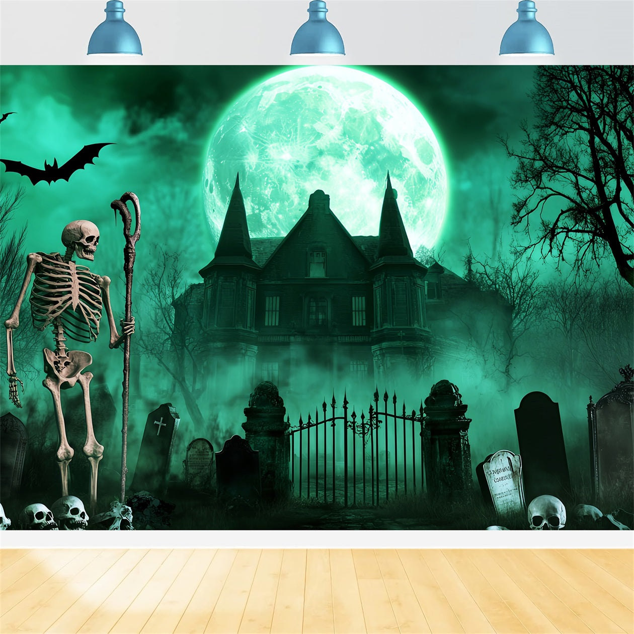 Graveyard Backdrop Skeleton Graveyard Green Moon Spooky Halloween Backdrop LXX59-113
