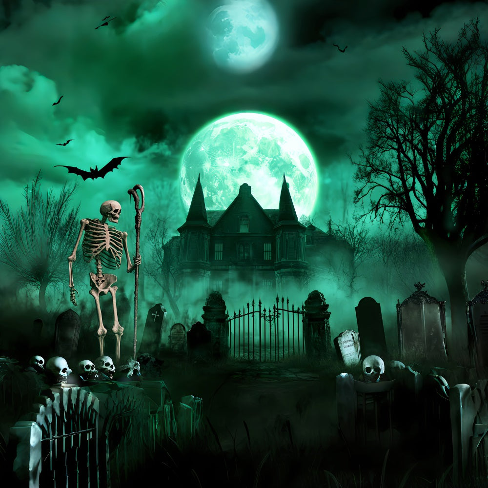 Graveyard Backdrop Skeleton Graveyard Green Moon Spooky Halloween Backdrop LXX59-113
