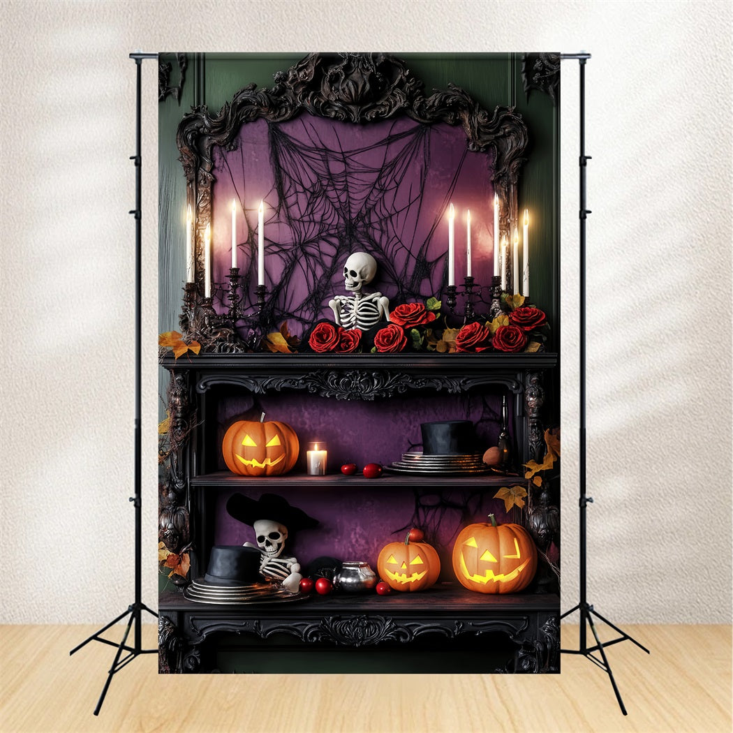 Haunted Forest Backdrop Purple Roses Skeleton Shelf Halloween Photo Backdrop LXX59-114