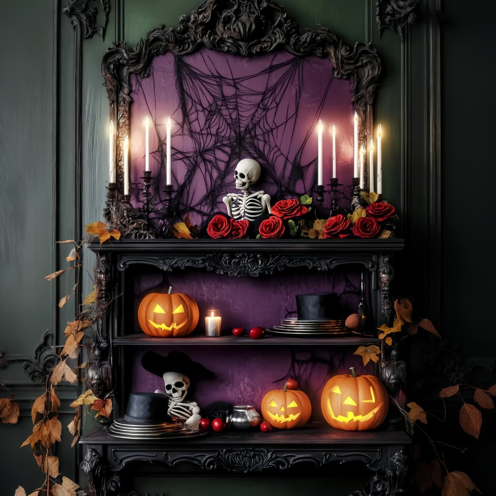 Haunted Forest Backdrop Purple Roses Skeleton Shelf Halloween Photo Backdrop LXX59-114