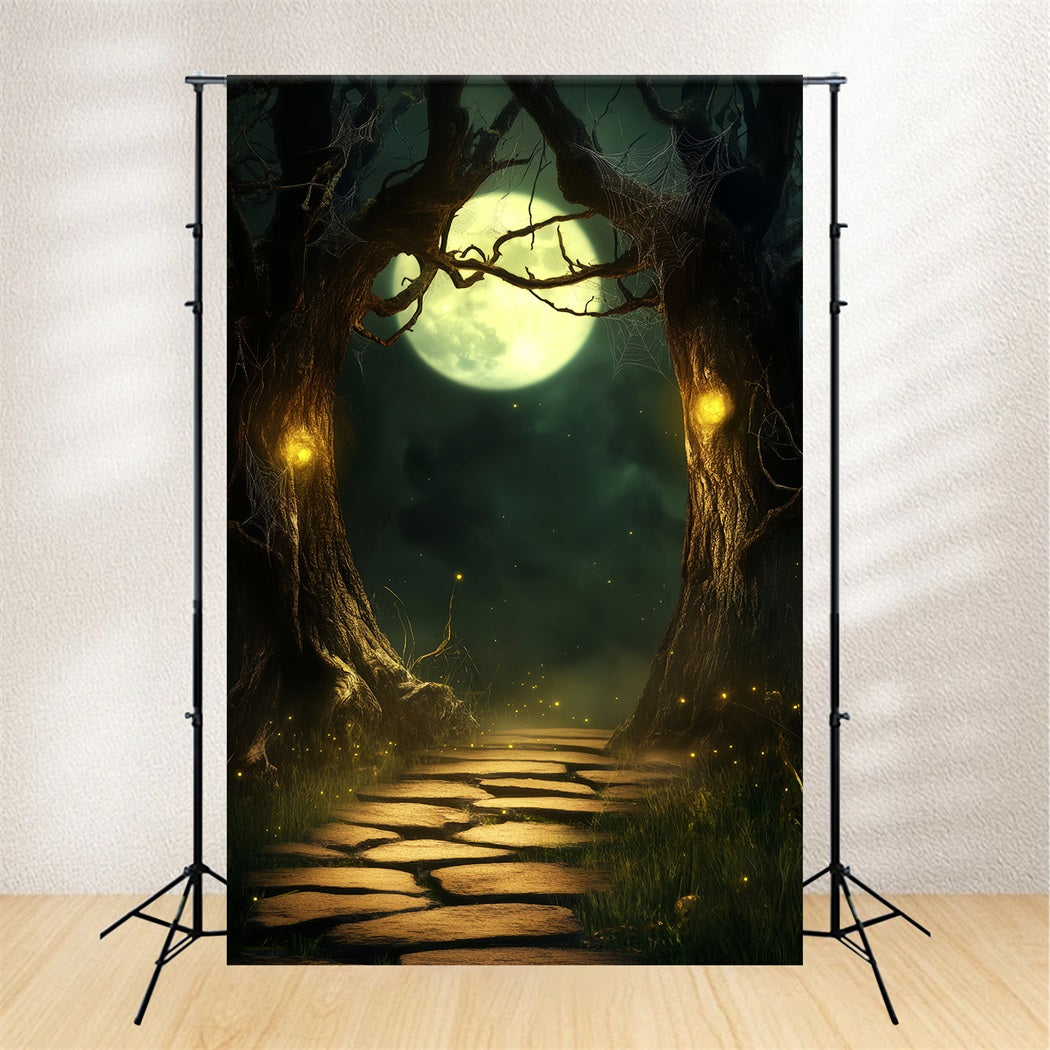 Haunted Forest Backdrop Moonlit Path Enchanted Trees Halloween Photo Backdrop LXX59-118
