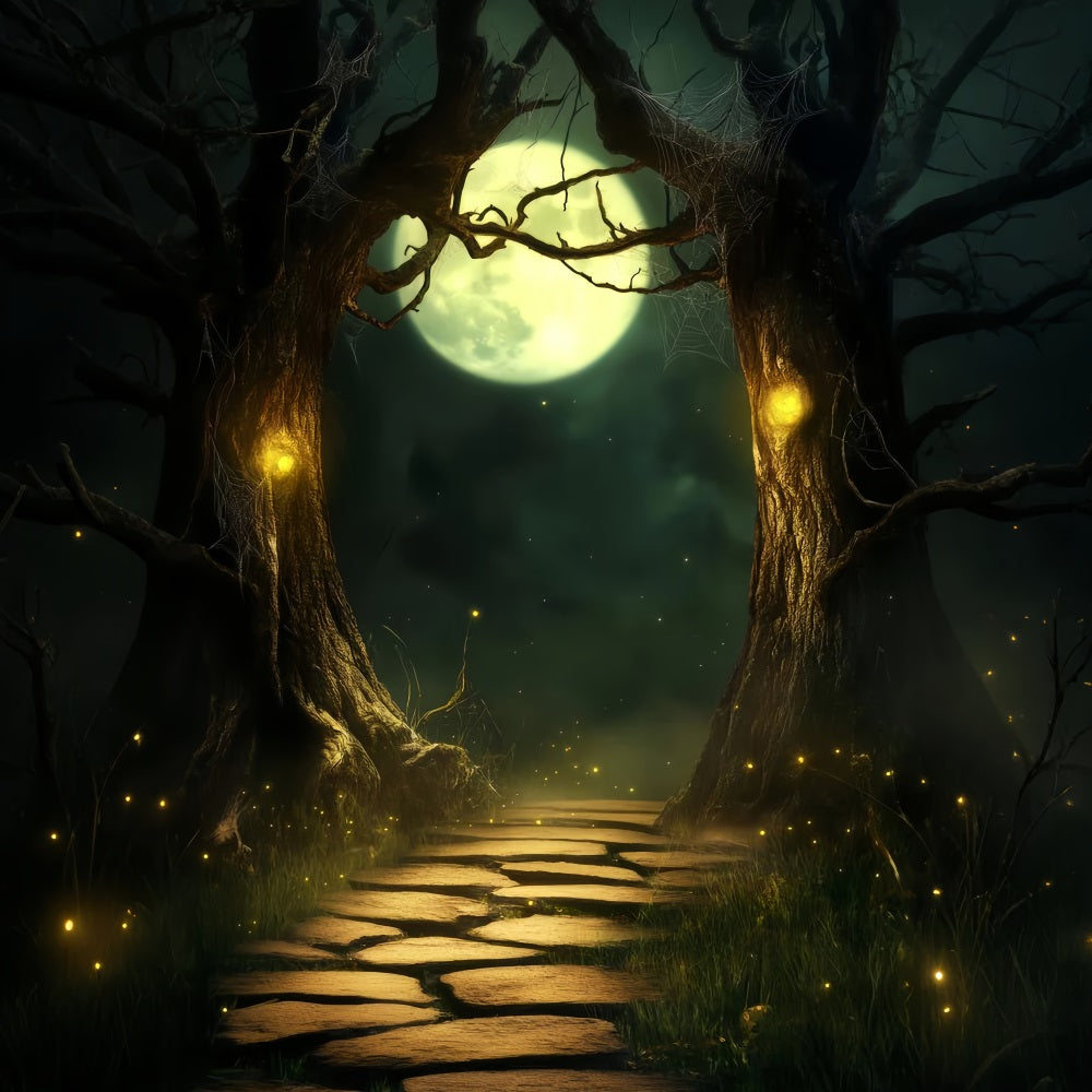 Haunted Forest Backdrop Moonlit Path Enchanted Trees Halloween Photo Backdrop LXX59-118