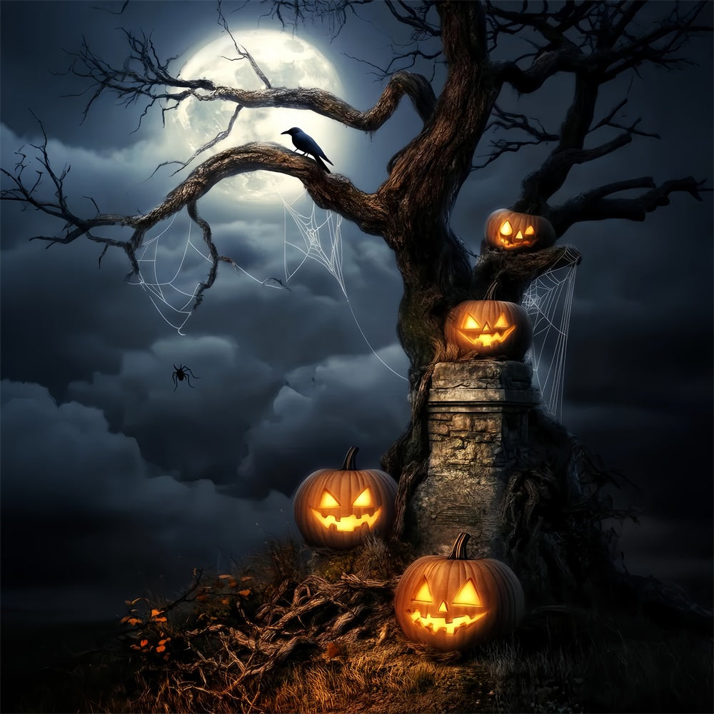 Haunted Forest Backdrop Glowing Pumpkins Moonlit Tree Halloween Backdrop Ideas LXX59-124