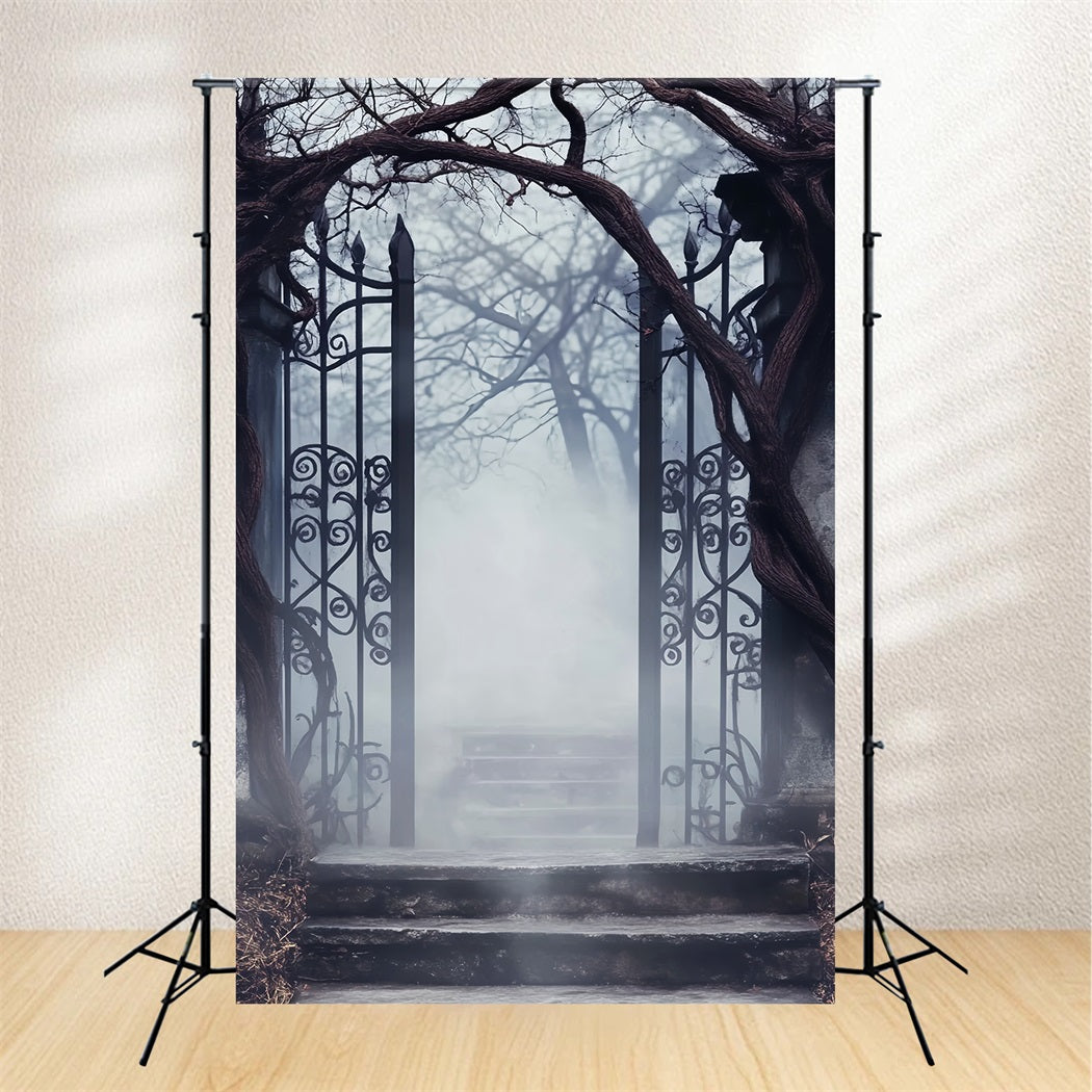 Haunted Forest Backdrop Foggy Cemetery Iron Gate Halloween Picture Backdrop LXX59-125