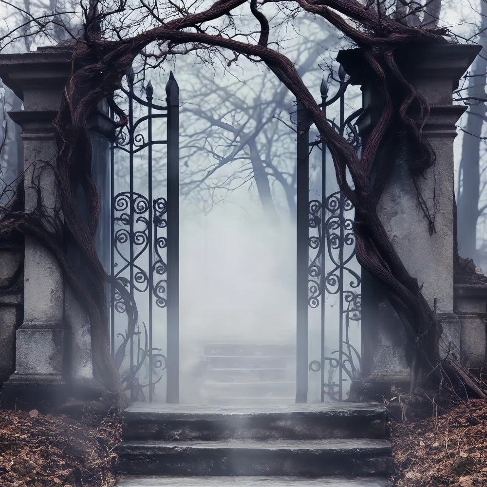 Haunted Forest Backdrop Foggy Cemetery Iron Gate Halloween Picture Backdrop LXX59-125