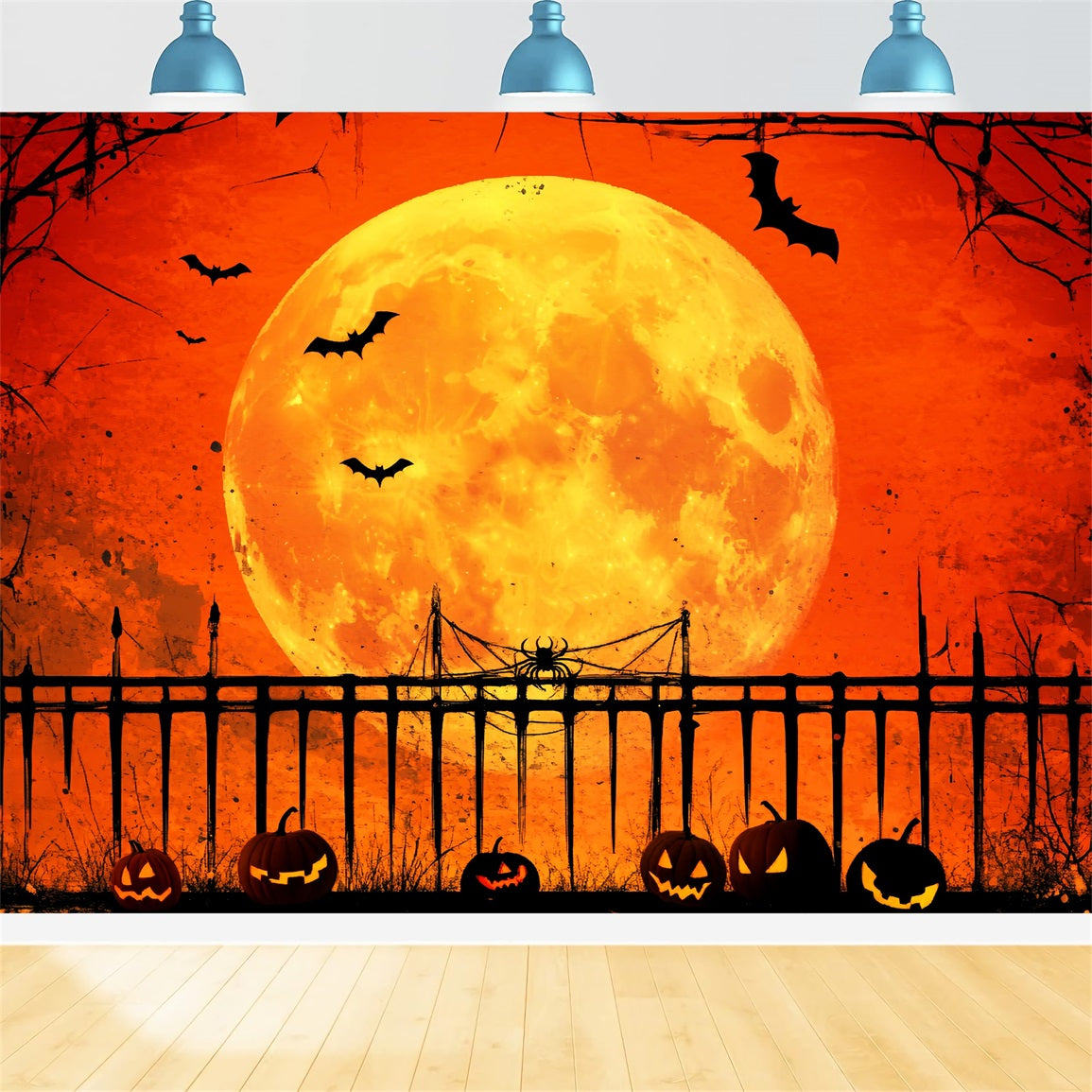 Haunted Forest Backdrop Pumpkin Moonlit Fence Shadows Halloween Moon Backdrop LXX59-128