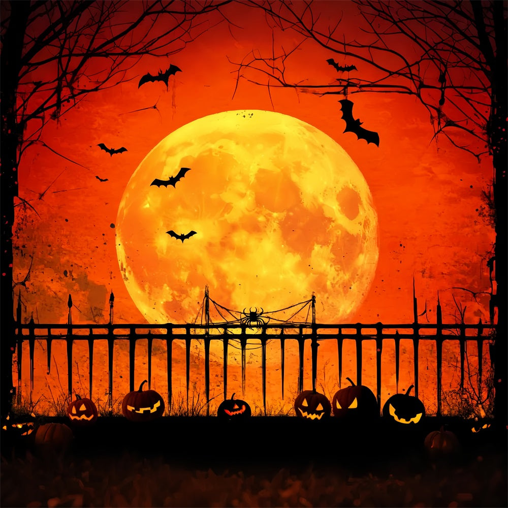 Haunted Forest Backdrop Pumpkin Moonlit Fence Shadows Halloween Moon Backdrop LXX59-128