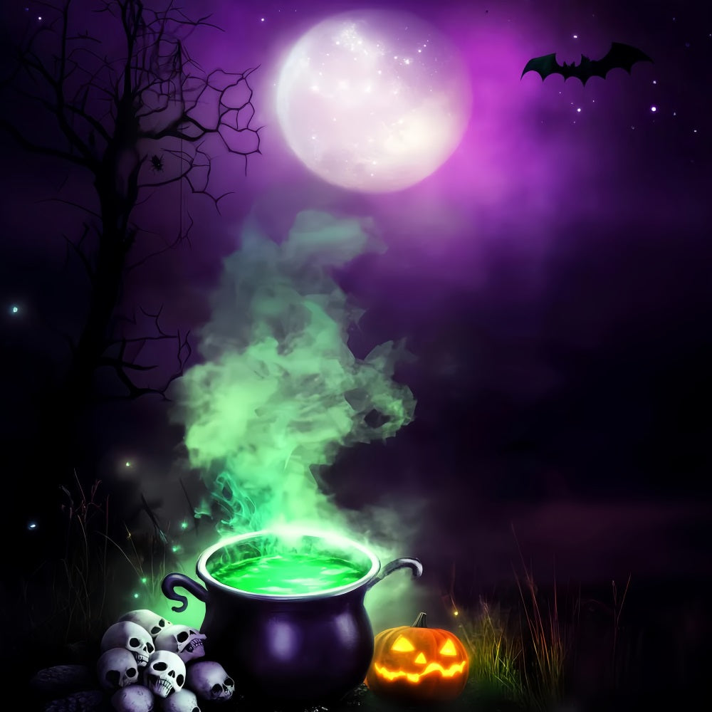 Haunted Forest Backdrop Witch Cauldron Green Smoke Moon Halloween Backdrop Ideas LXX59-132