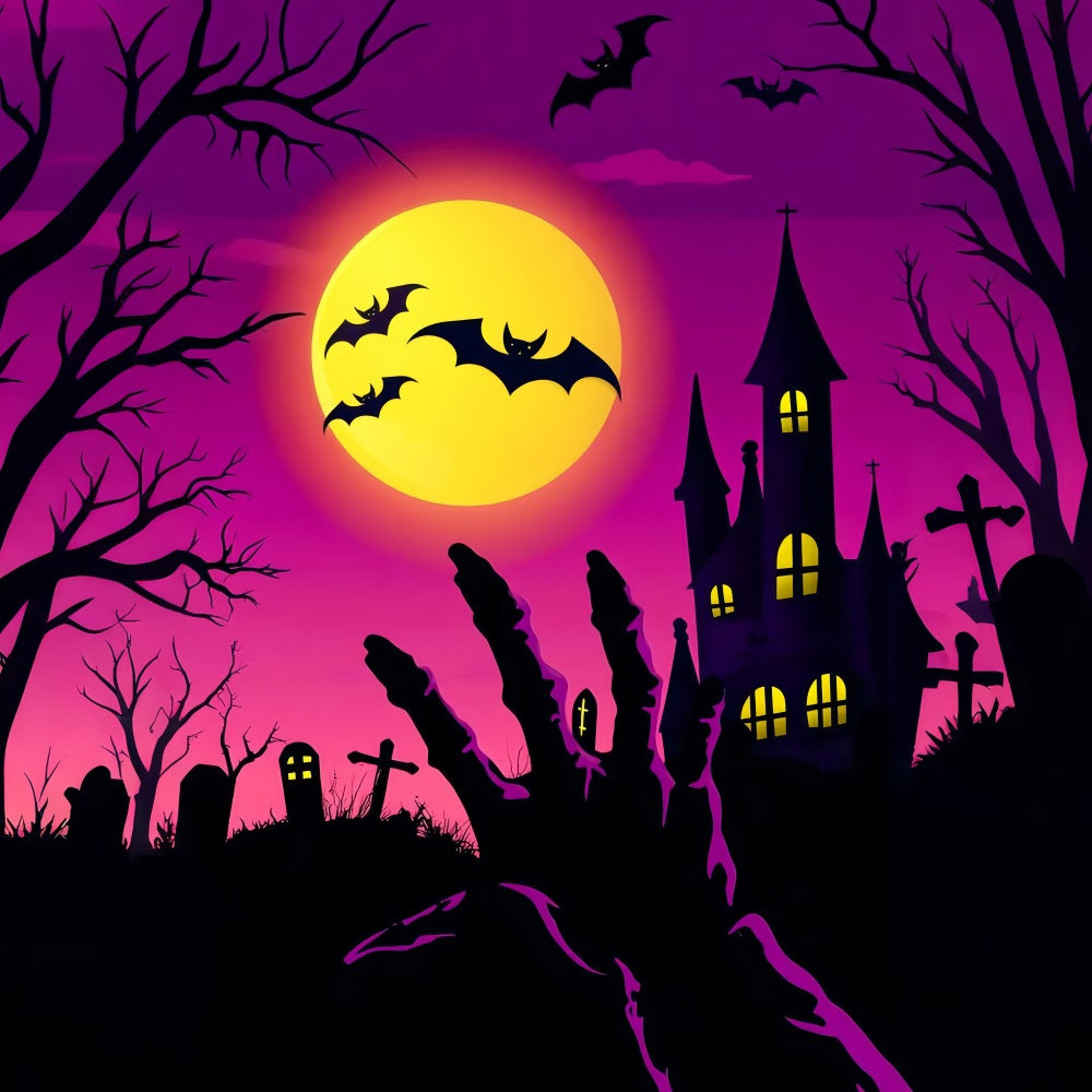 Haunted Forest Backdrop Zombie Hand Rising Graveyard Bats Halloween Photo Backdrops LXX59-133